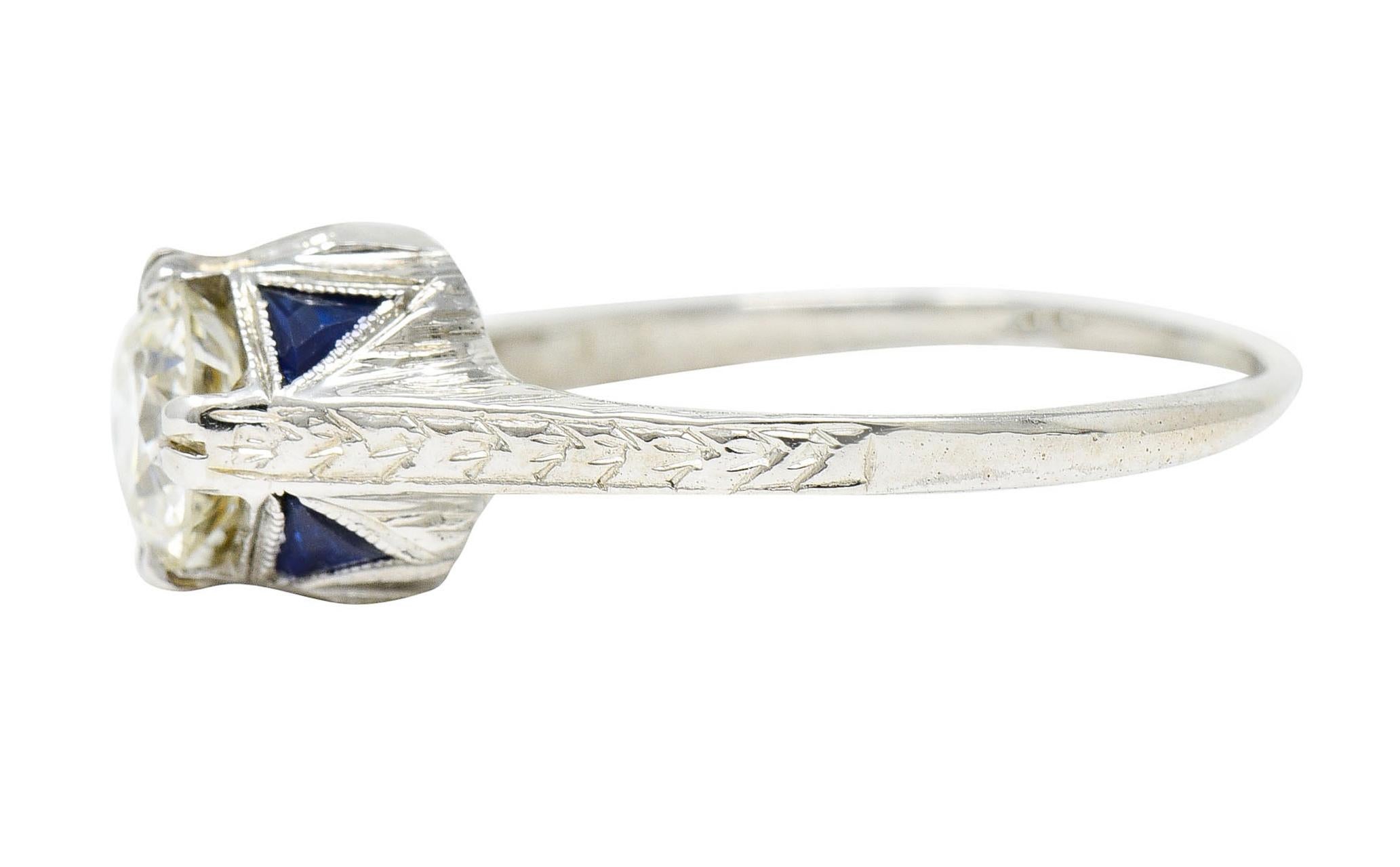 Women's or Men's Art Deco 0.75 Carat Diamond Sapphire 18 White Gold Engagement Ring For Sale