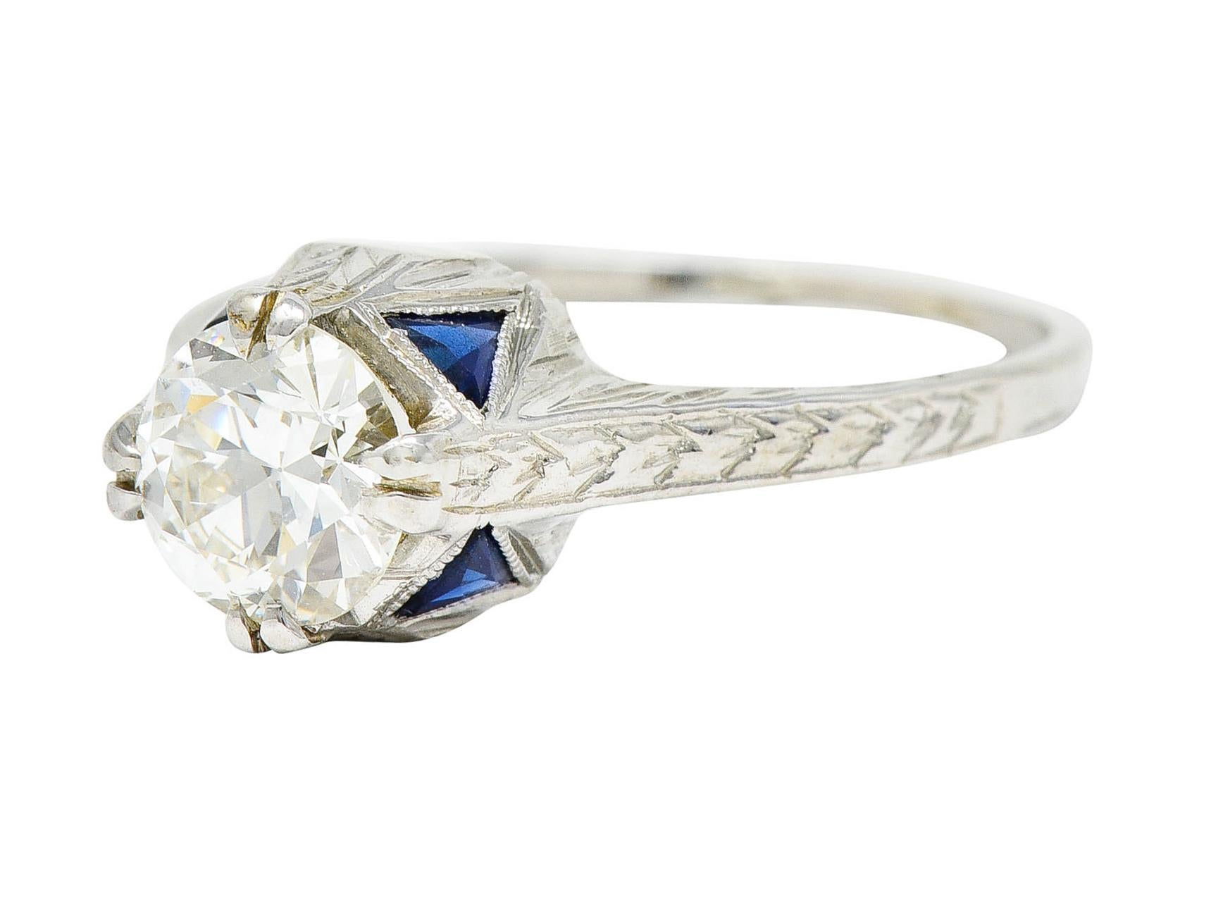 Art Deco 0.75 Carat Diamond Sapphire 18 White Gold Engagement Ring For Sale 1