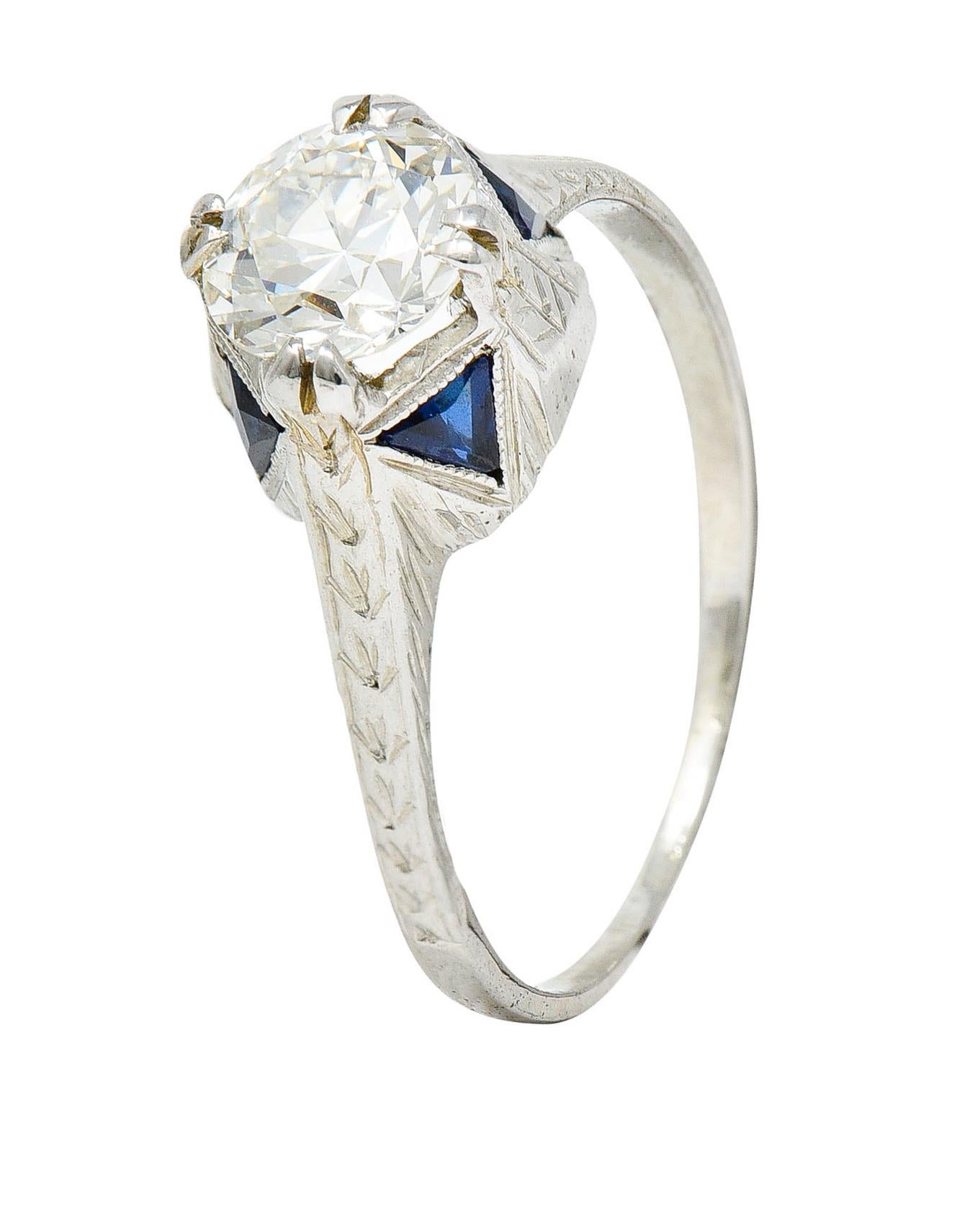 Art Deco 0.75 Carat Diamond Sapphire 18 White Gold Engagement Ring For Sale 3