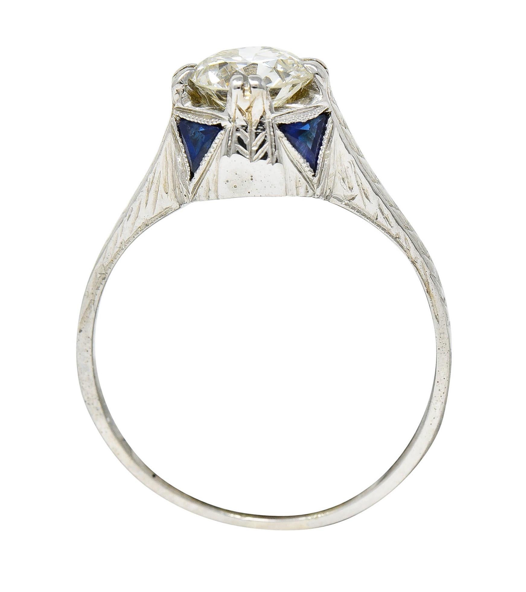 Art Deco 0.75 Carat Diamond Sapphire 18 White Gold Engagement Ring For Sale 4