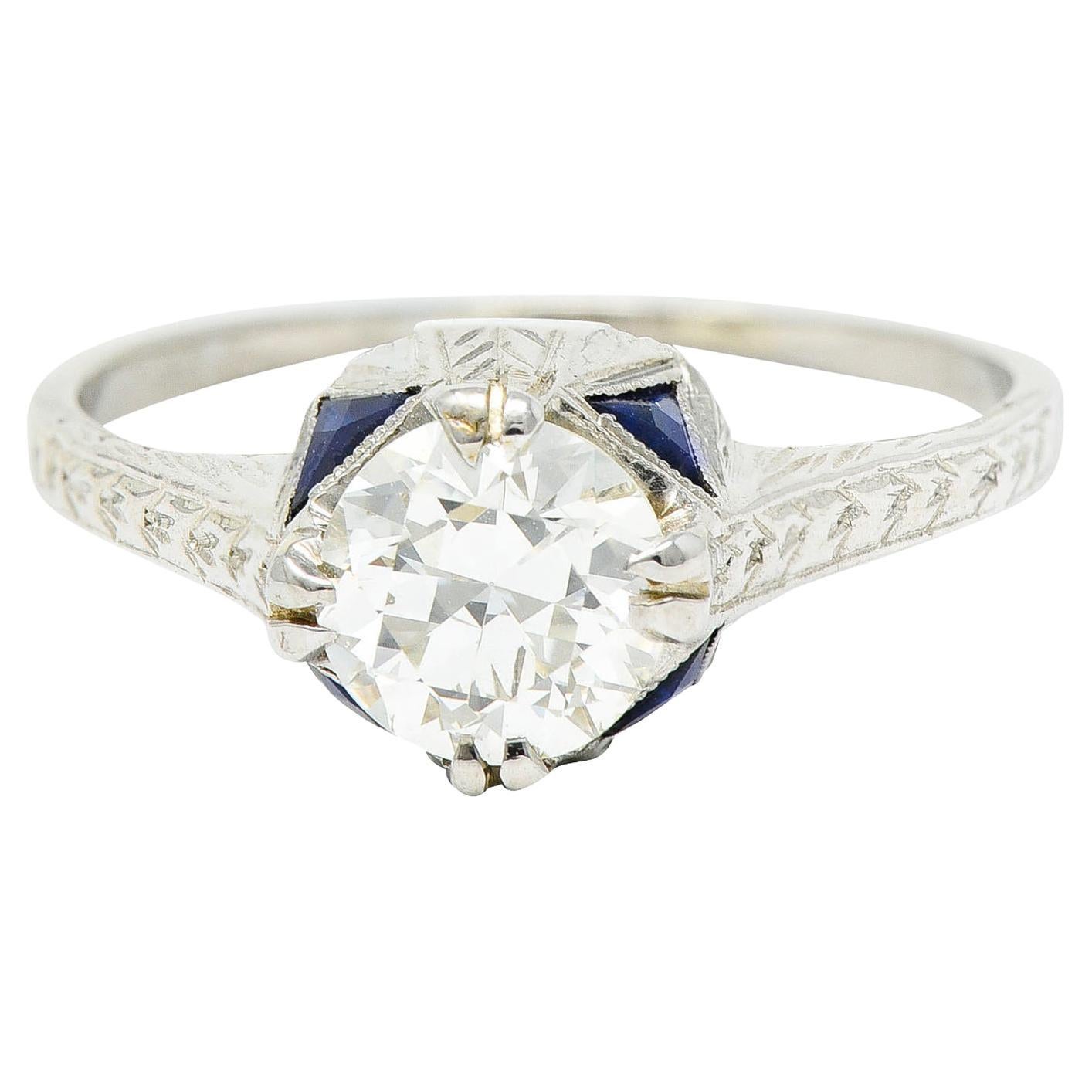 Art Deco 0.75 Carat Diamond Sapphire 18 White Gold Engagement Ring