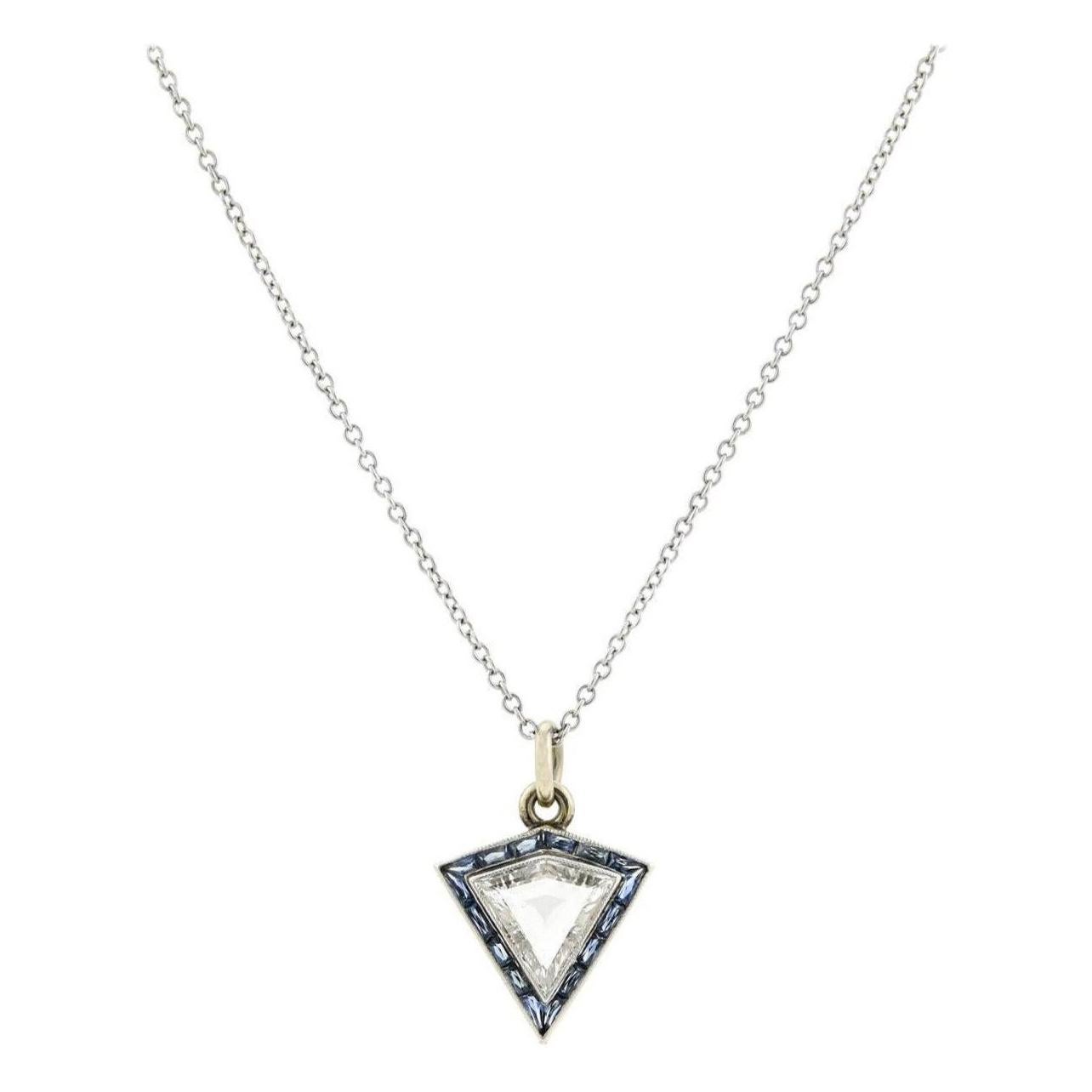 Art Deco 0.75 Carat Kite Cut Diamond and Sapphire Pendant Necklace