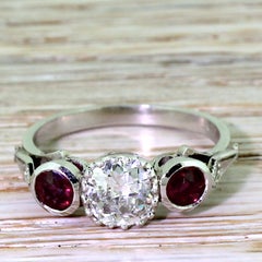 Art Deco 0.75 Carat Old Cut and Ruby Trilogy Ring
