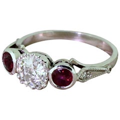 Art Deco 0.75 Carat Old Cut and Ruby Trilogy Ring