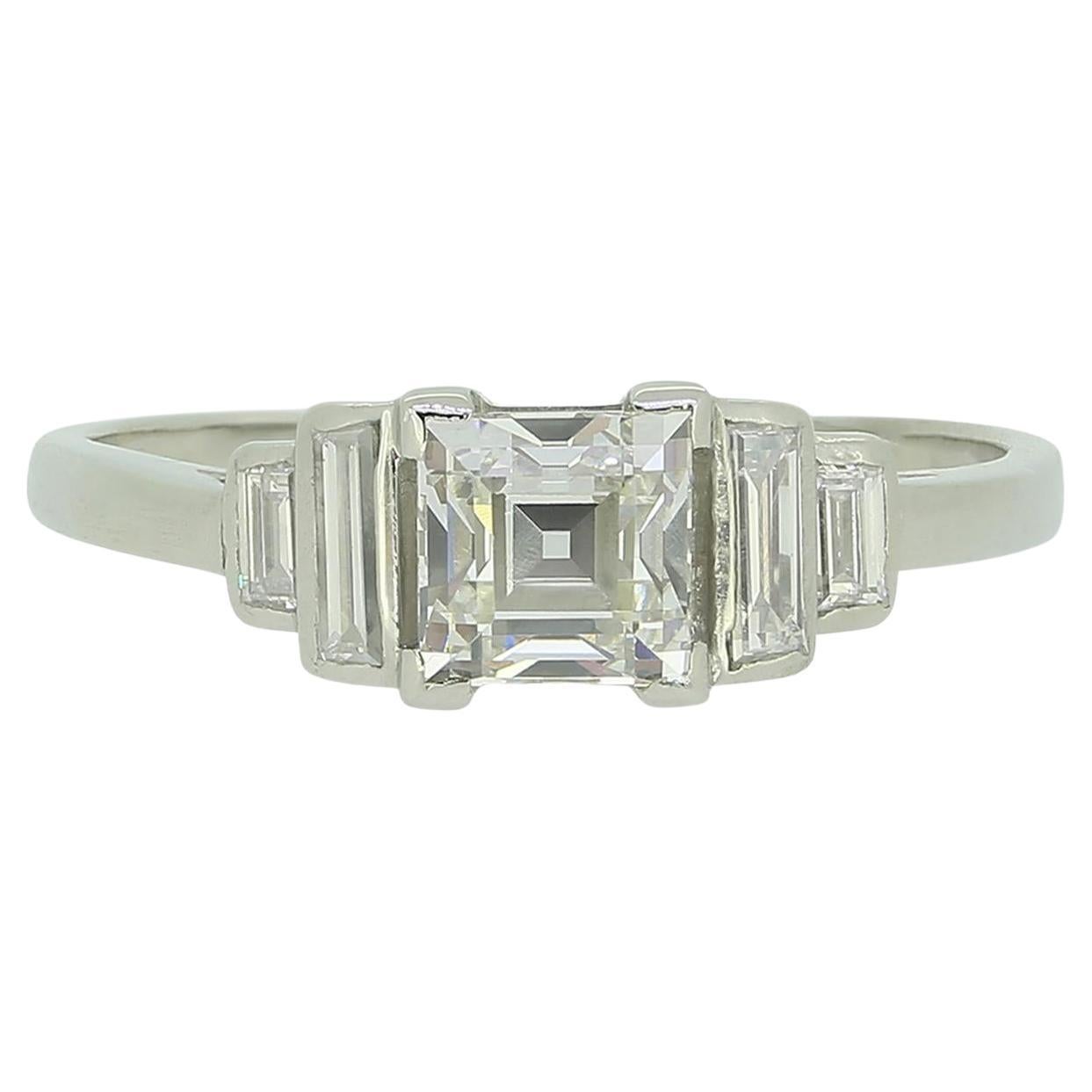 Art Deco 0.95 Carat Princess and Baguette Cut Diamond Ring