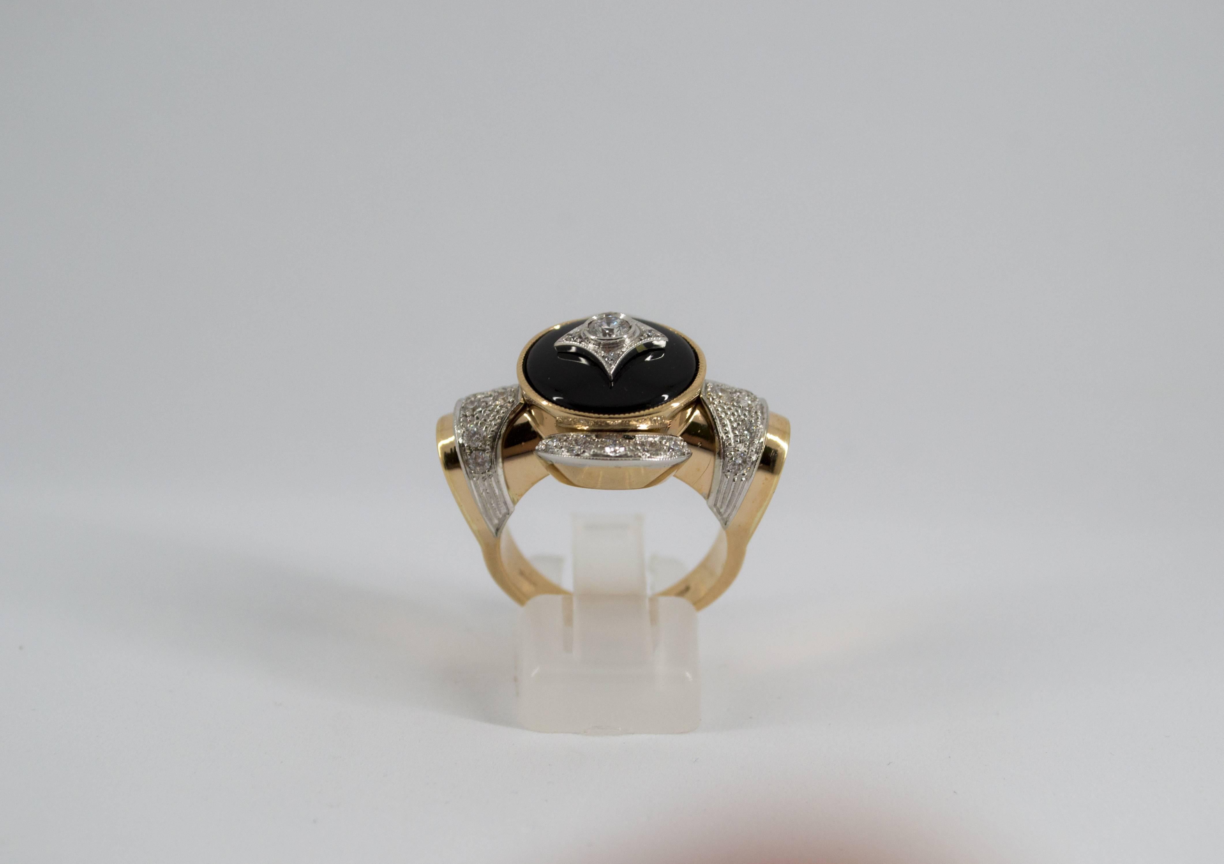 Art Deco Style 0.75 Carat White Diamond Onyx Yellow Gold Cocktail Ring For Sale 8
