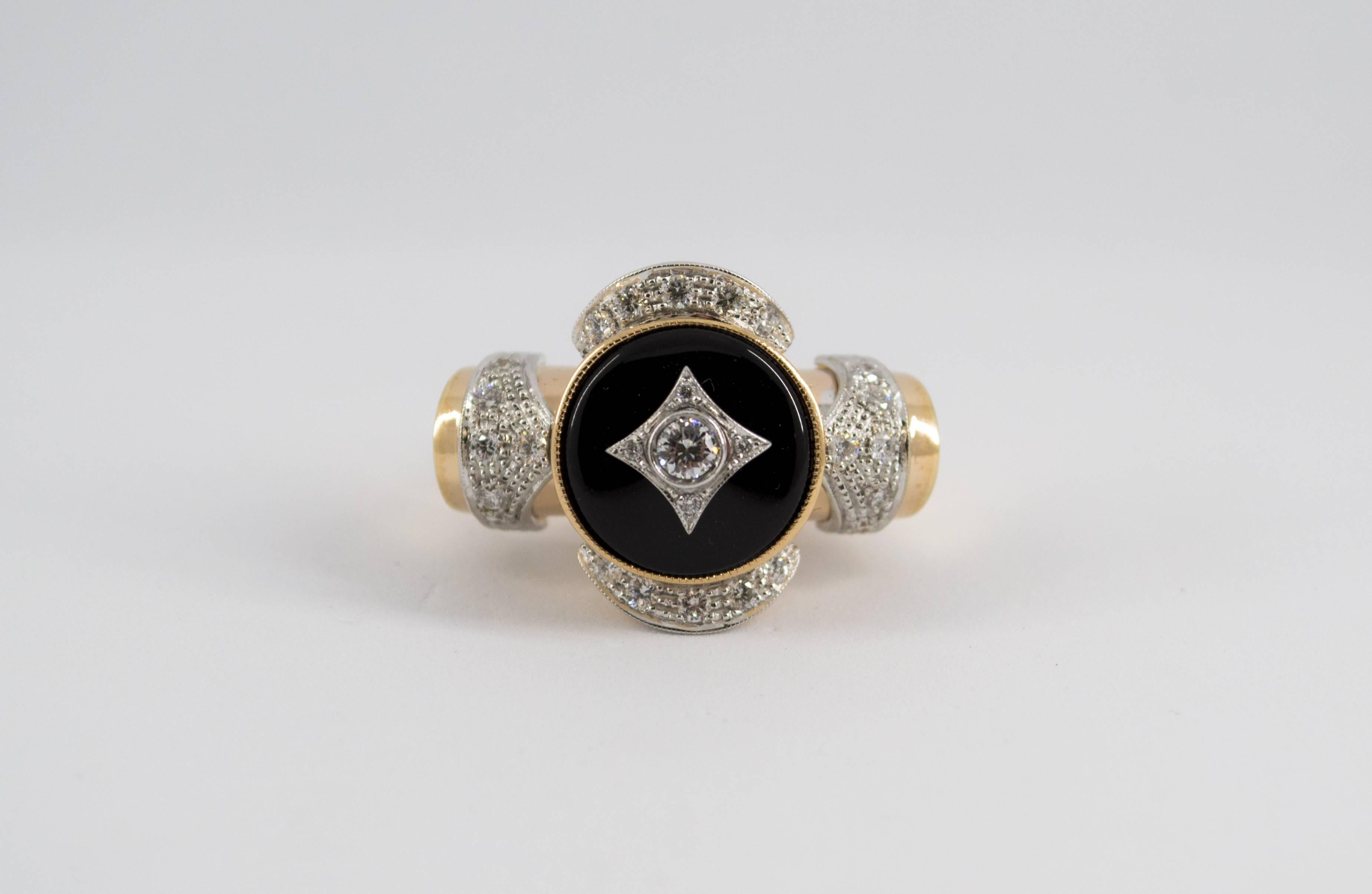 This Ring is made of 14K Yellow Gold.
This Ring has 0.75 Carats of White Diamonds.
This Ring has also Onyx.
This Ring is inspired by Art Deco.
Size ITA: 17 USA: 8
We're a workshop so every piece is handmade, customizable and resizable.