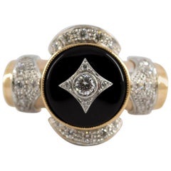 Art Deco Style 0.75 Carat White Diamond Onyx Yellow Gold Cocktail Ring