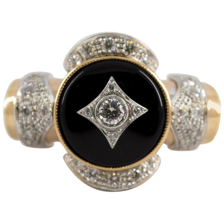 Art Deco Style 0.75 Carat White Diamond Onyx Yellow Gold Cocktail Ring ...