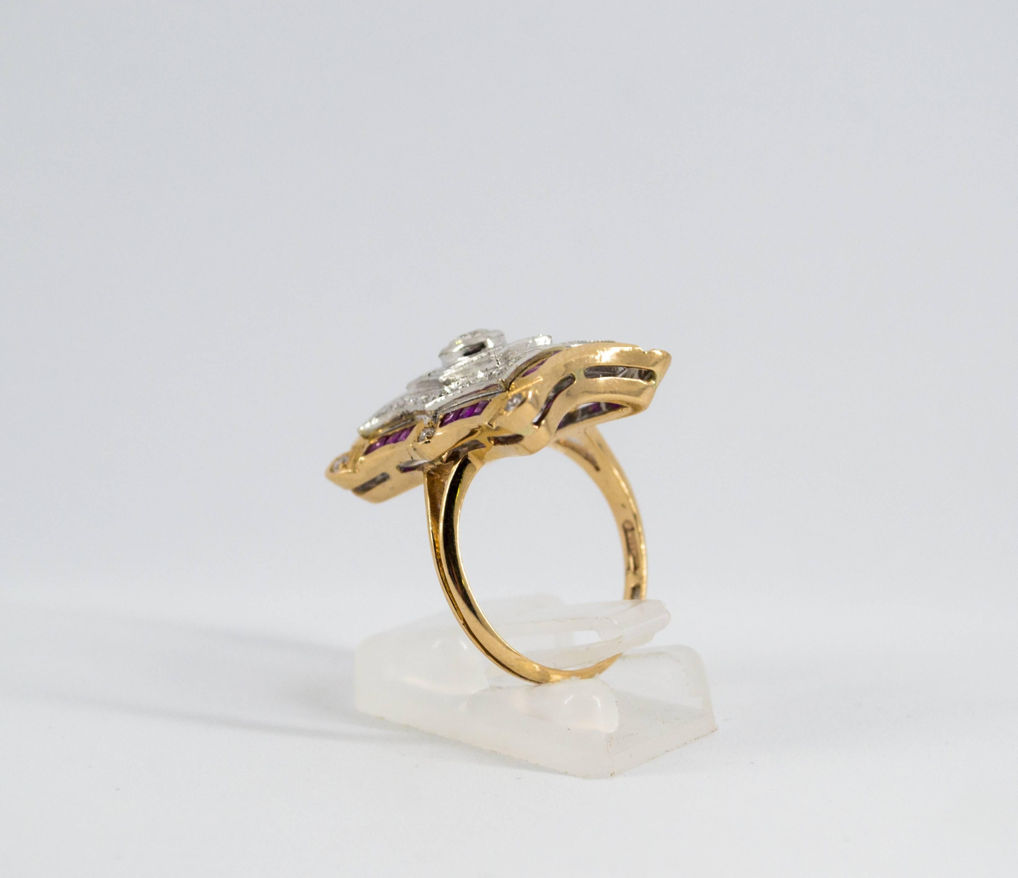 Art Deco Style White Diamonds and Ruby Yellow Gold Cocktail Ring For Sale 6