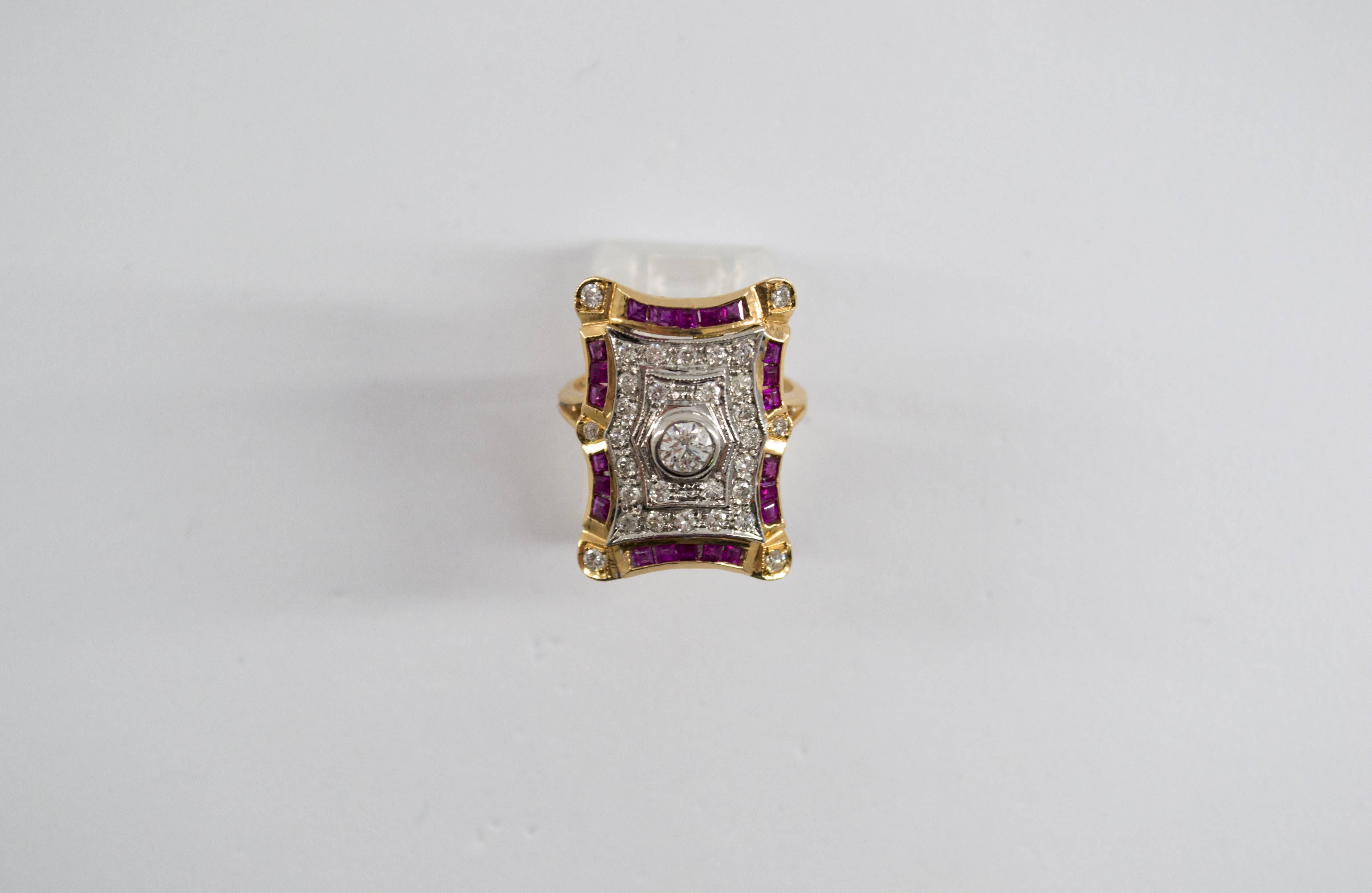 Art Deco Style White Diamonds and Ruby Yellow Gold Cocktail Ring In New Condition For Sale In Naples, IT
