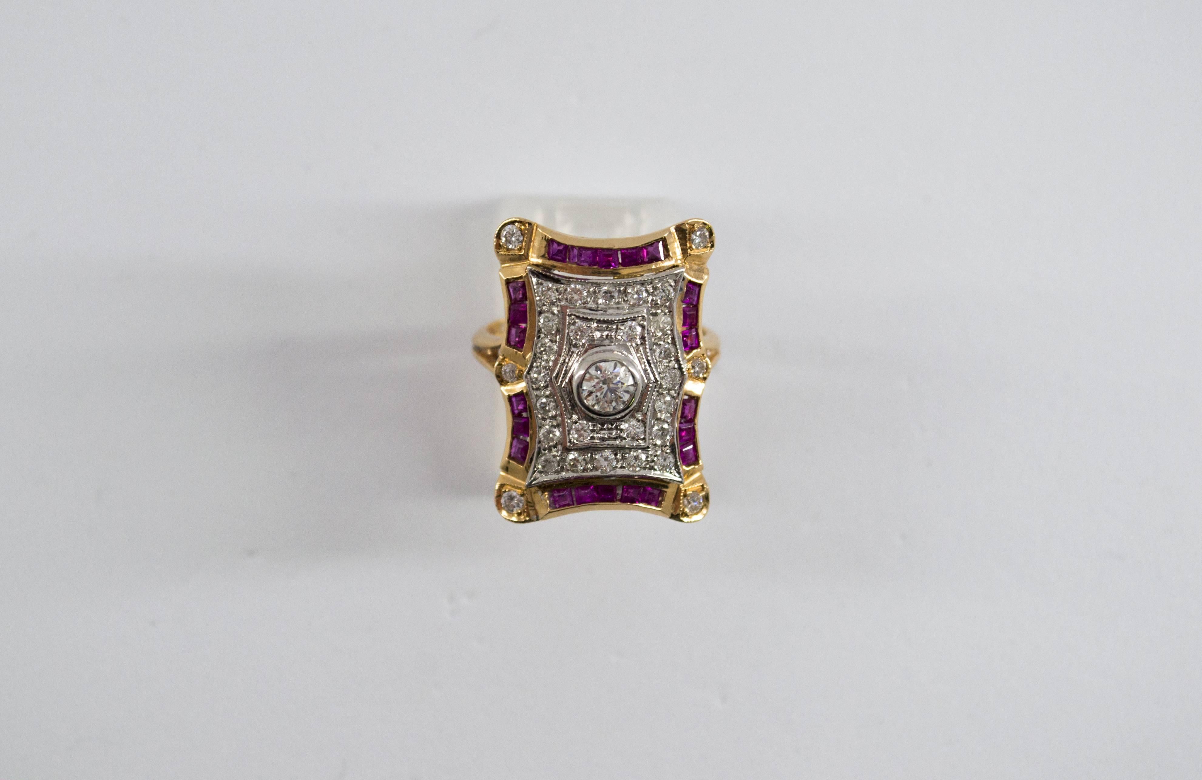 Women's or Men's Art Deco Style White Diamonds and Ruby Yellow Gold Cocktail Ring For Sale