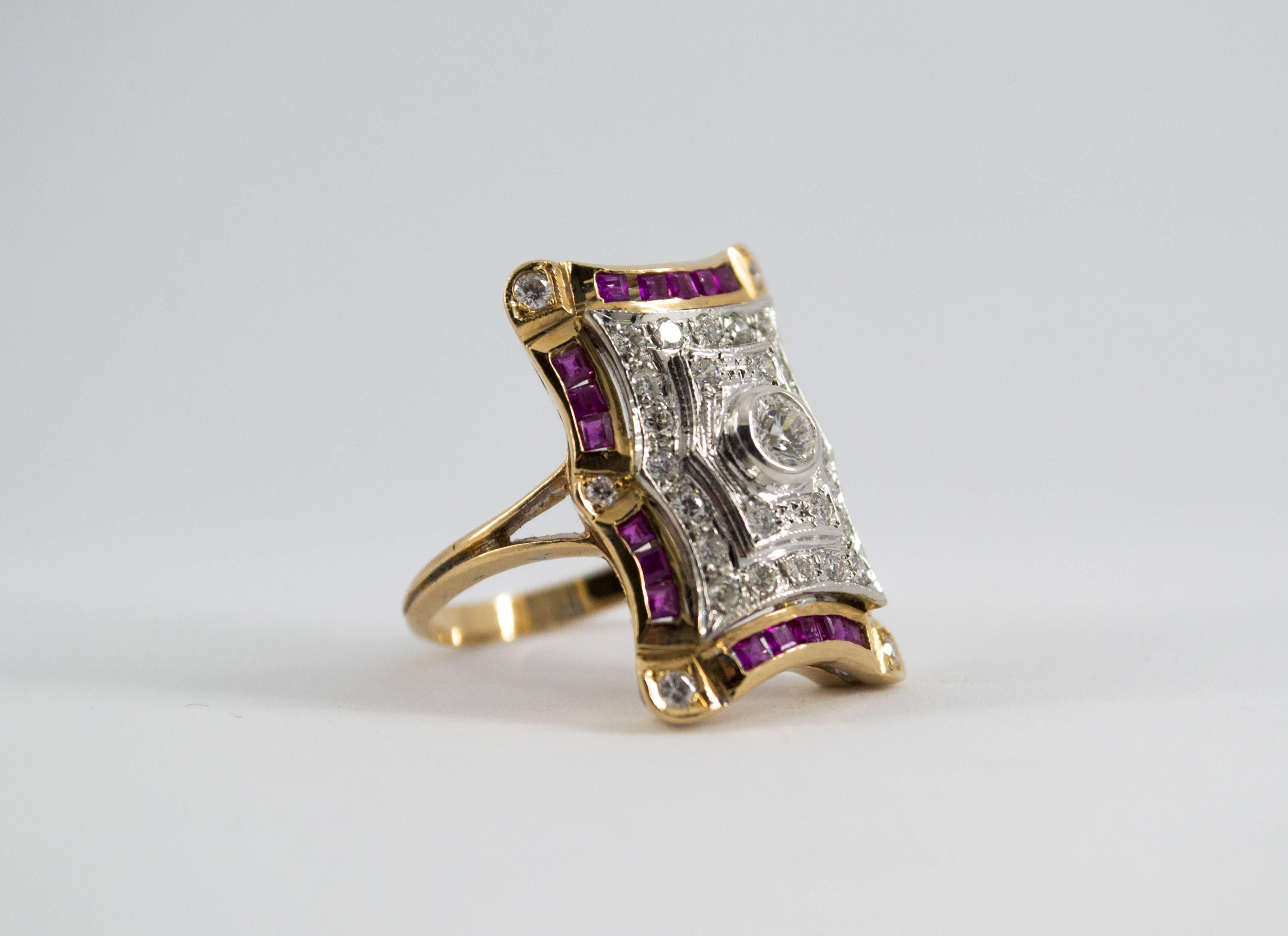 Art Deco Style White Diamonds and Ruby Yellow Gold Cocktail Ring For Sale 2