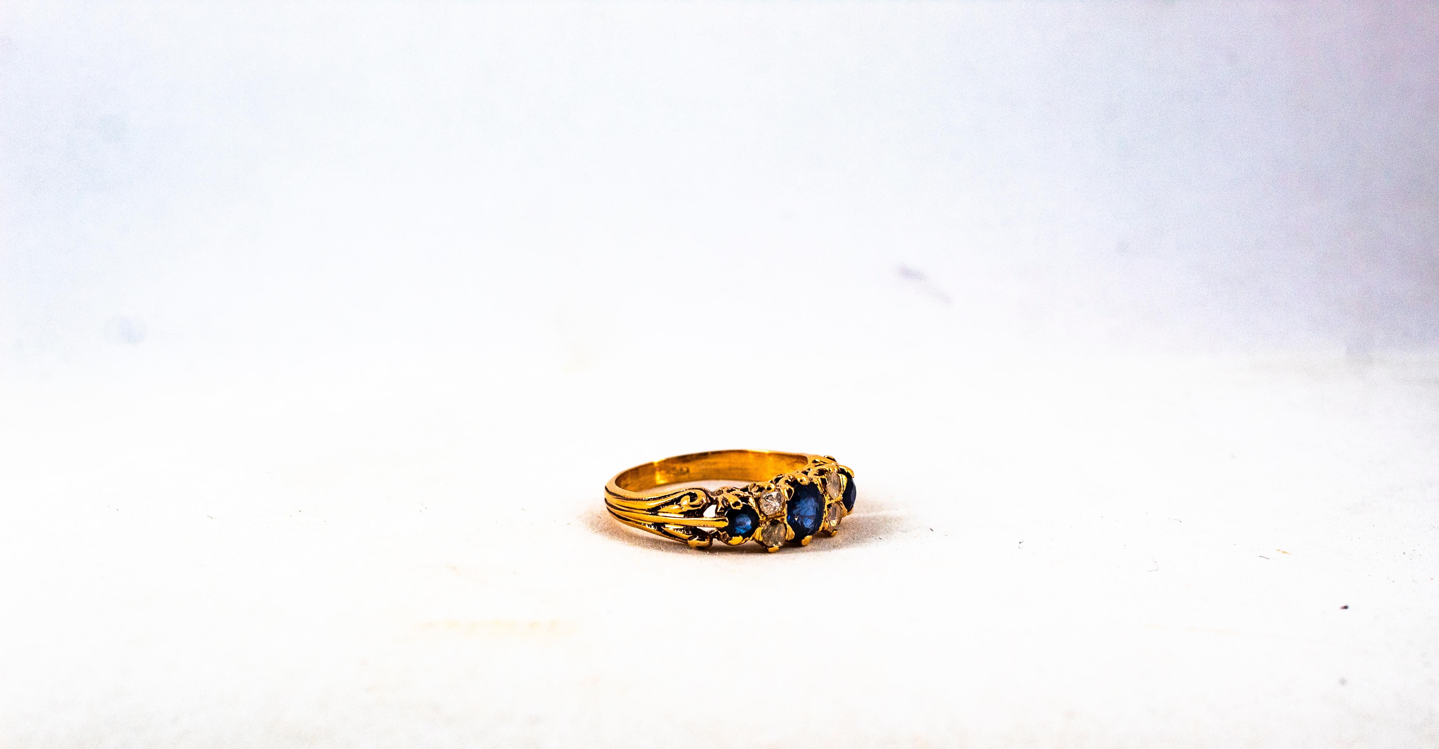 Art Deco Style 0.75 Carat White Rose Cut Diamond Blue Sapphire Yellow Gold Ring 5
