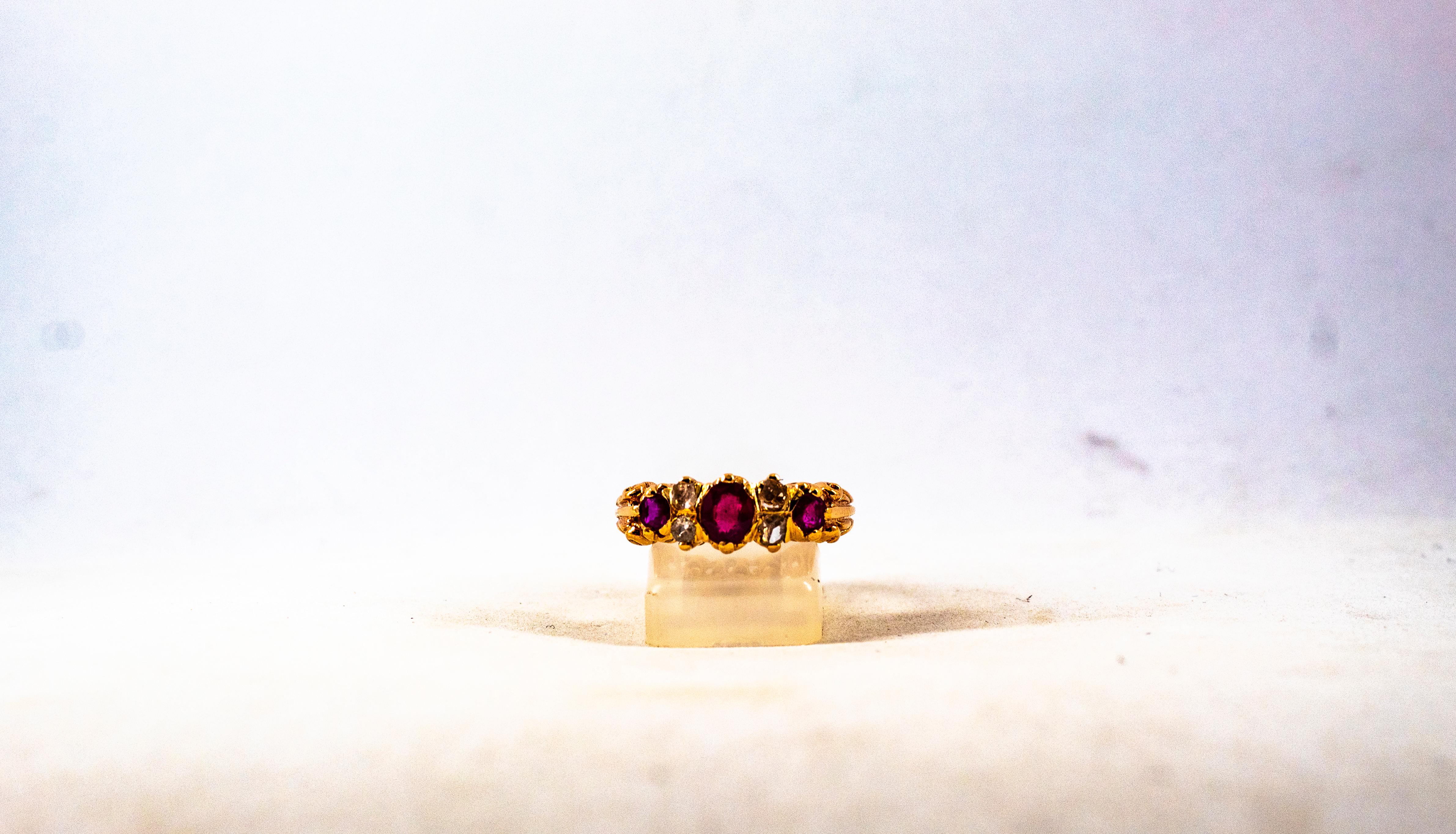 Art Deco Style 0.75 Carat Rose Cut Diamond Oval Cut Ruby Yellow Gold Band Ring 12