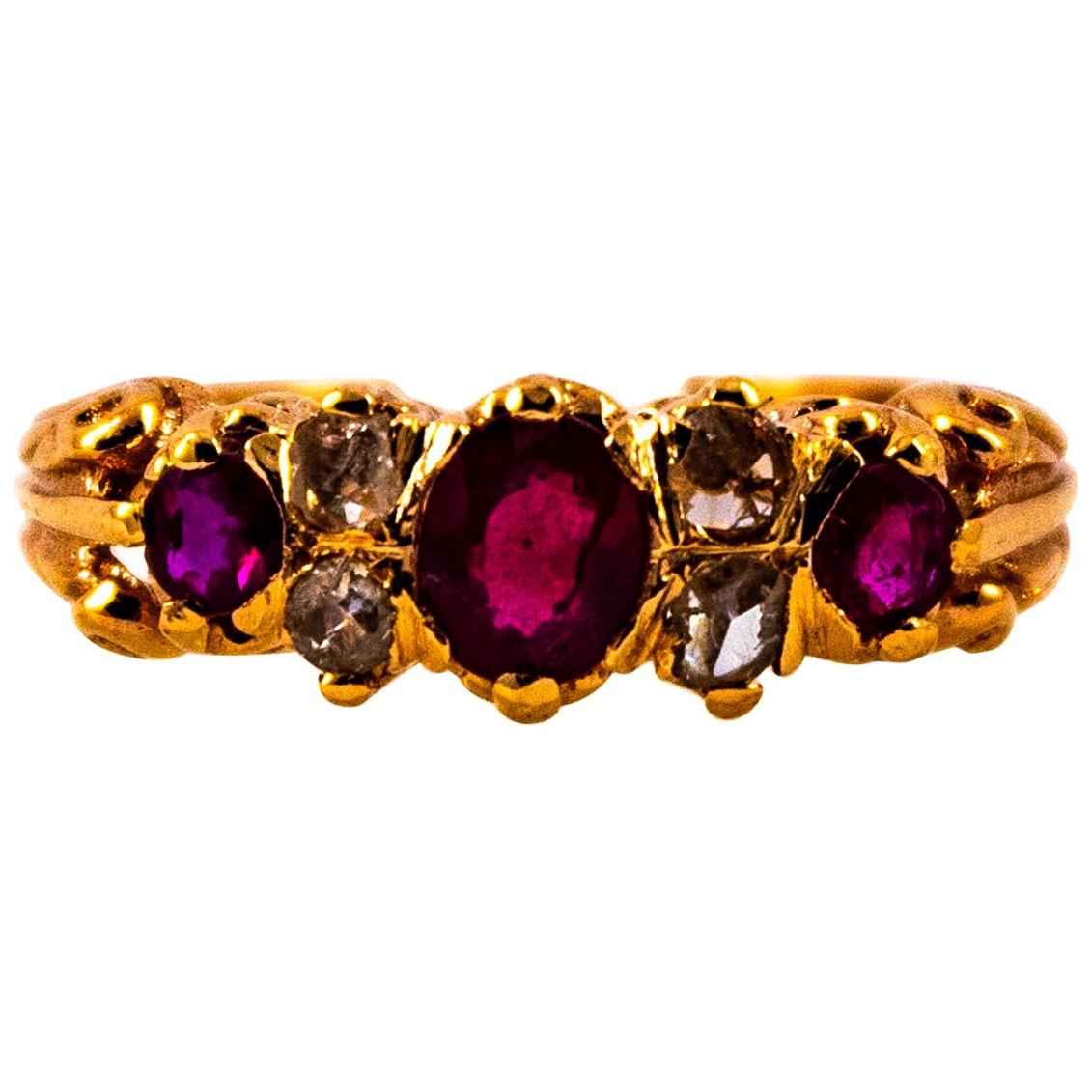 Art Deco Style 0.75 Carat Rose Cut Diamond Oval Cut Ruby Yellow Gold Band Ring