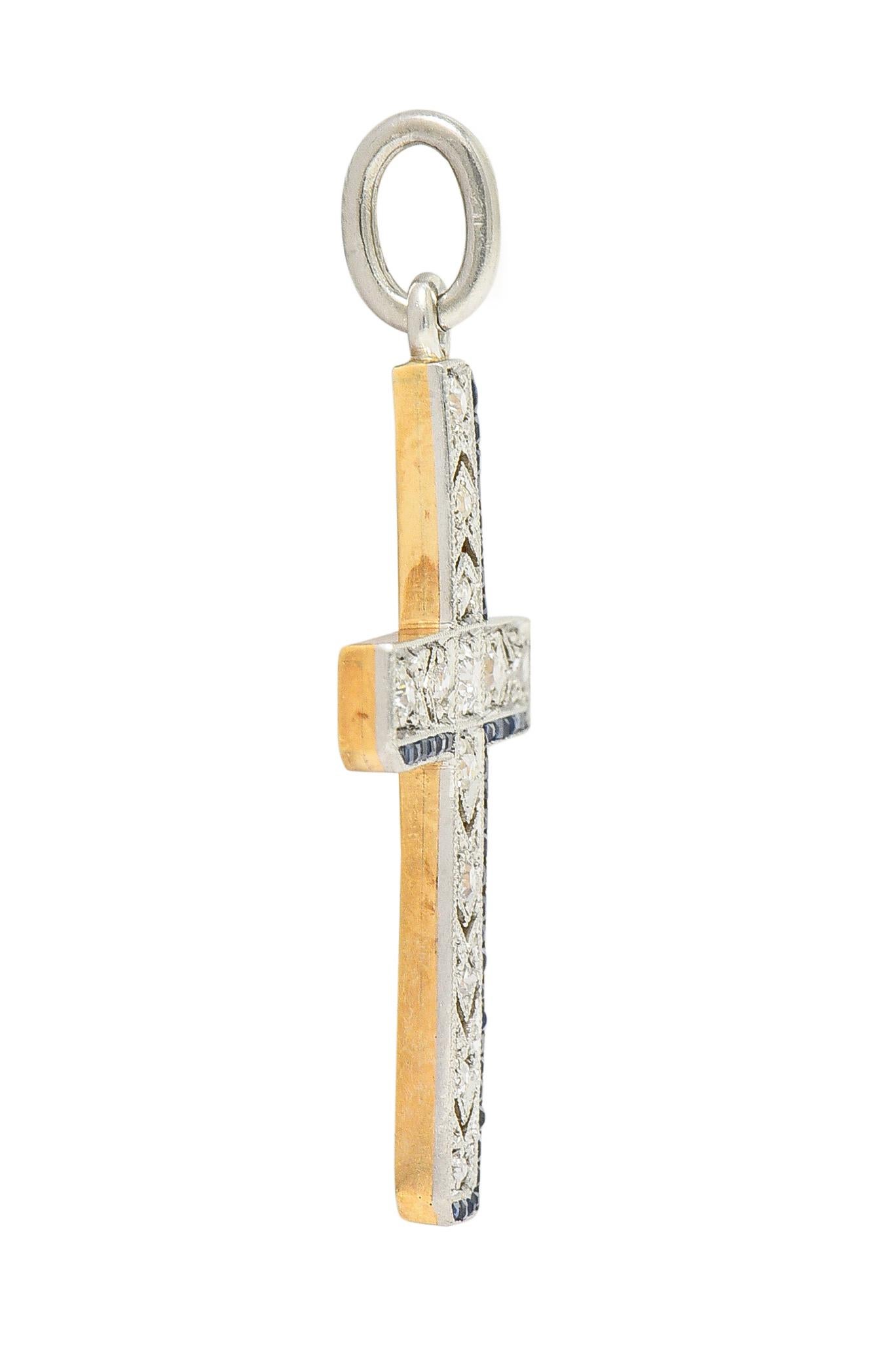 Old European Cut Art Deco 0.75ct Diamond Sapphire Platinum-Topped 14k Yellow Gold Cross