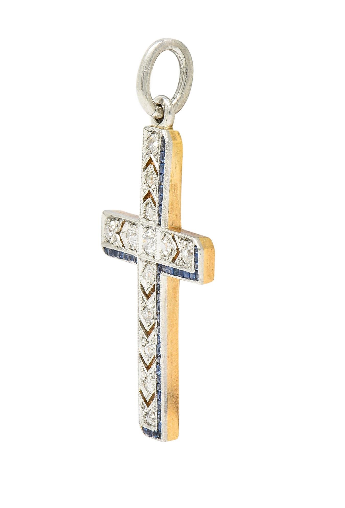 Art Deco 0.75ct Diamond Sapphire Platinum-Topped 14k Yellow Gold Cross In Excellent Condition In Philadelphia, PA