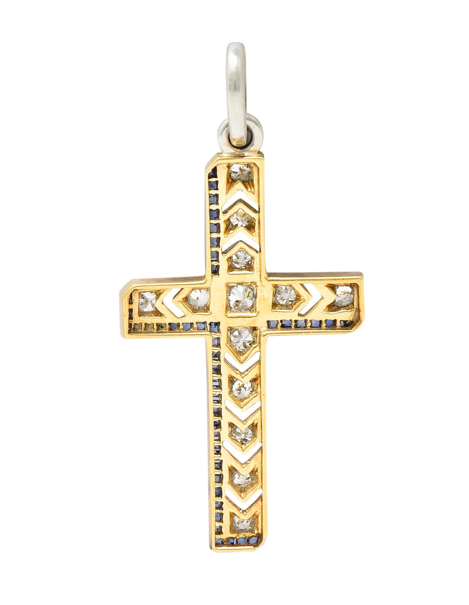 Women's or Men's Art Deco 0.75ct Diamond Sapphire Platinum-Topped 14k Yellow Gold Cross