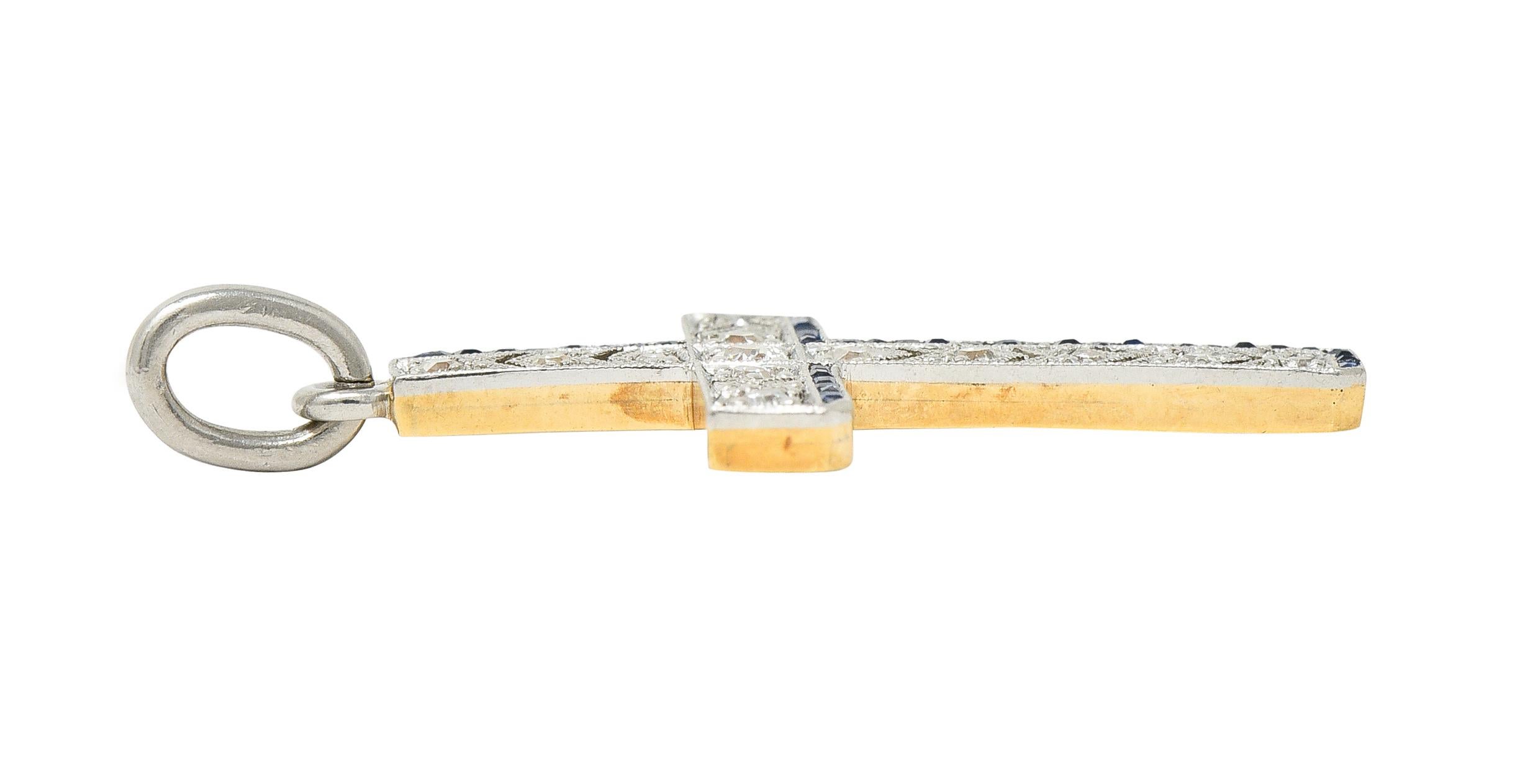 Art Deco 0.75ct Diamond Sapphire Platinum-Topped 14k Yellow Gold Cross 2