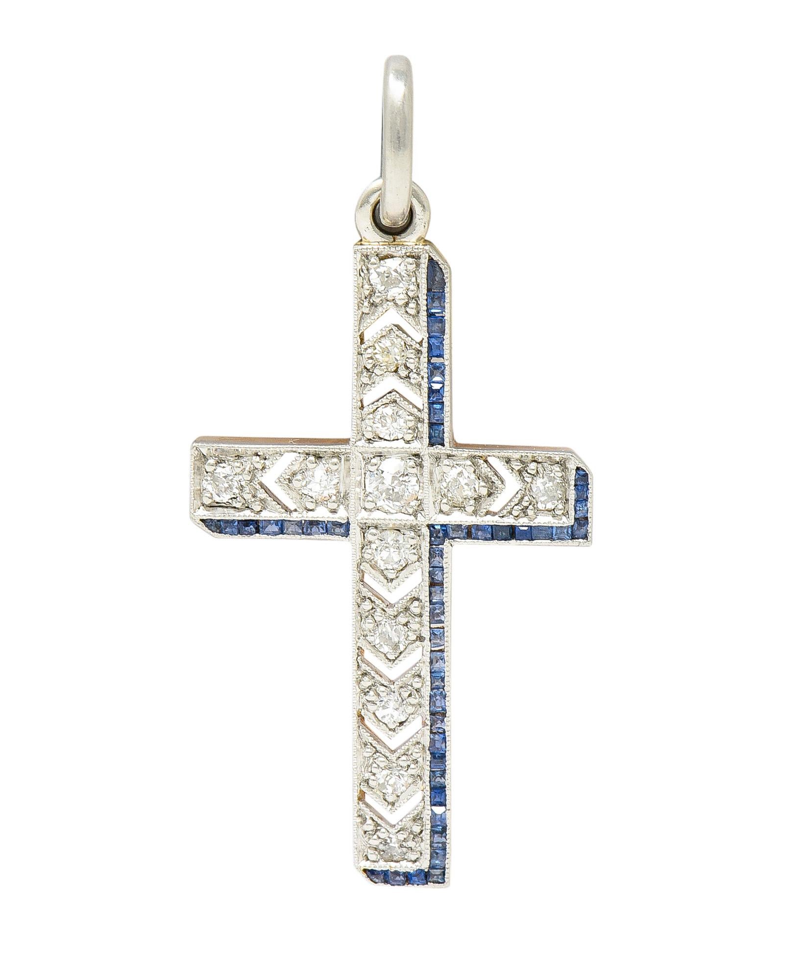 Art Deco 0.75ct Diamond Sapphire Platinum-Topped 14k Yellow Gold Cross