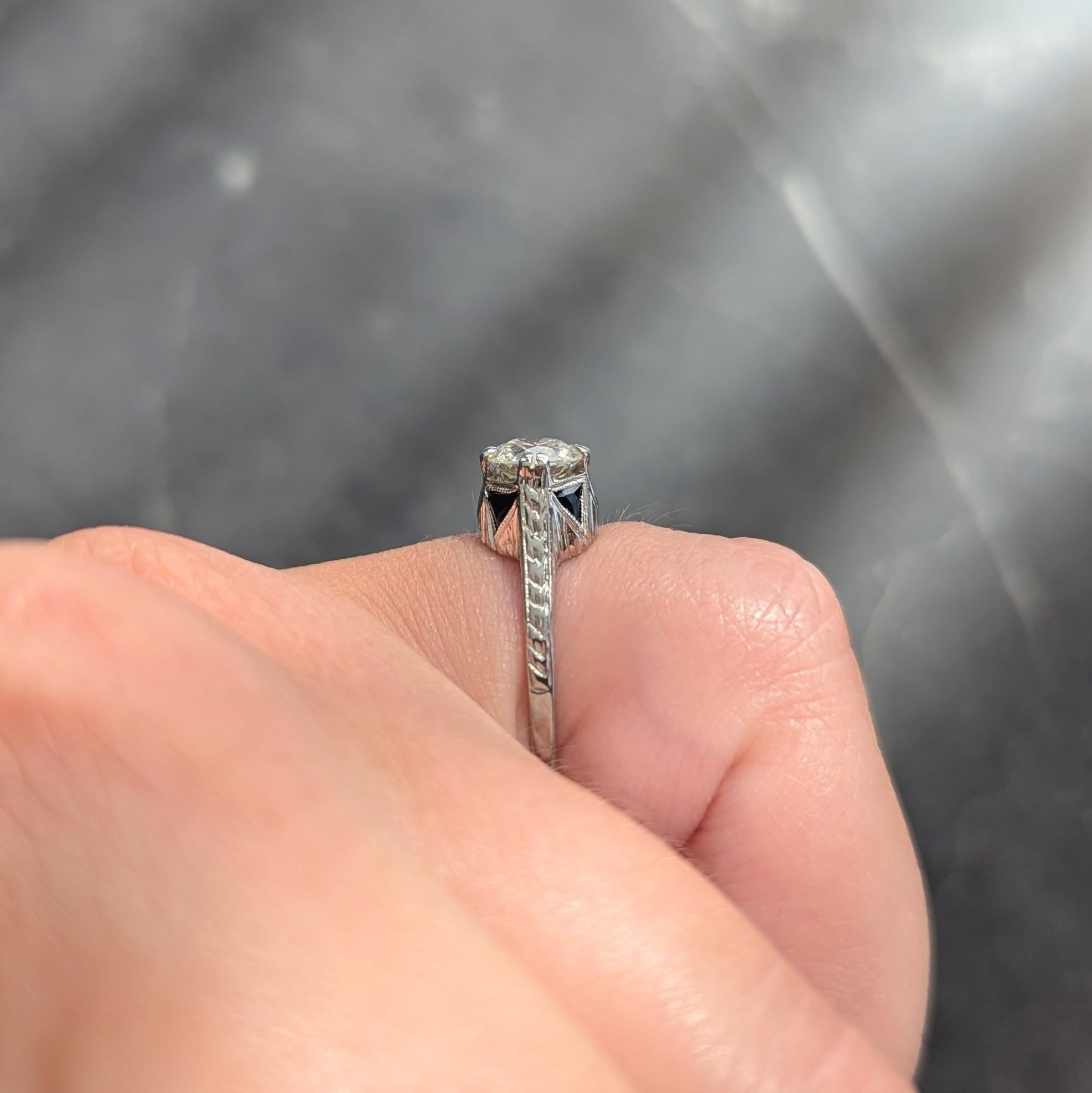 Art Deco 0,75 CTW Diamant Saphir 18 Weißgold Vintage Weizen Verlobungsring im Angebot 4