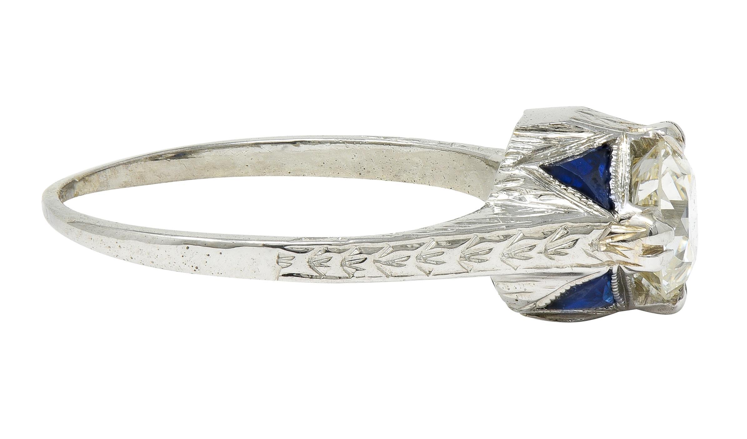 Art Deco 0,75 CTW Diamant Saphir 18 Weißgold Vintage Weizen Verlobungsring (Art déco) im Angebot