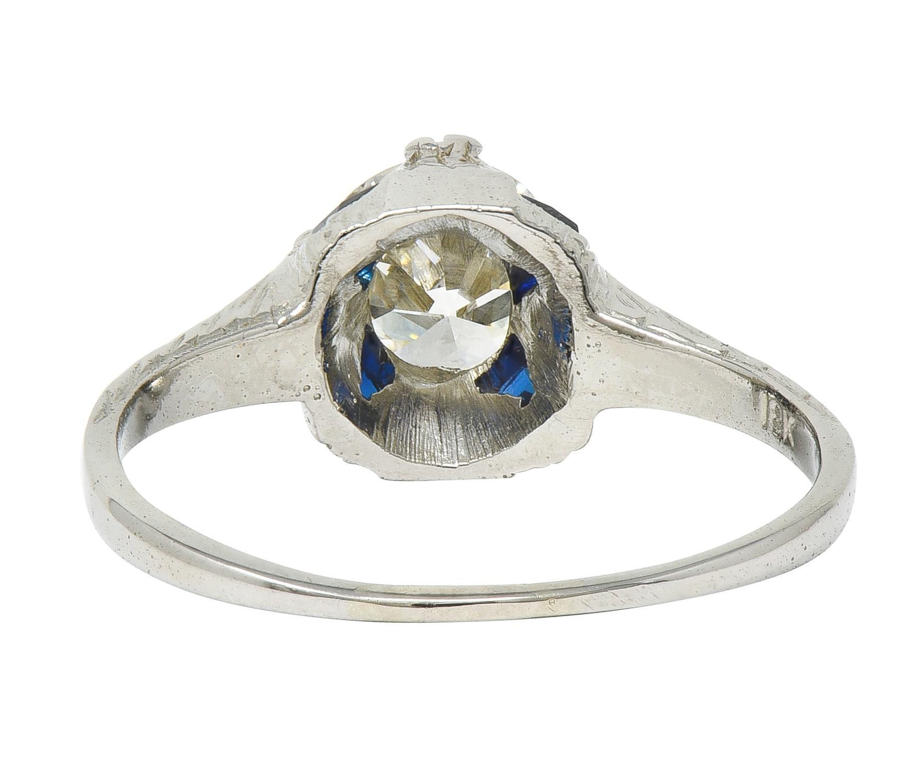 Art Deco 0,75 CTW Diamant Saphir 18 Weißgold Vintage Weizen Verlobungsring (Rundschliff) im Angebot