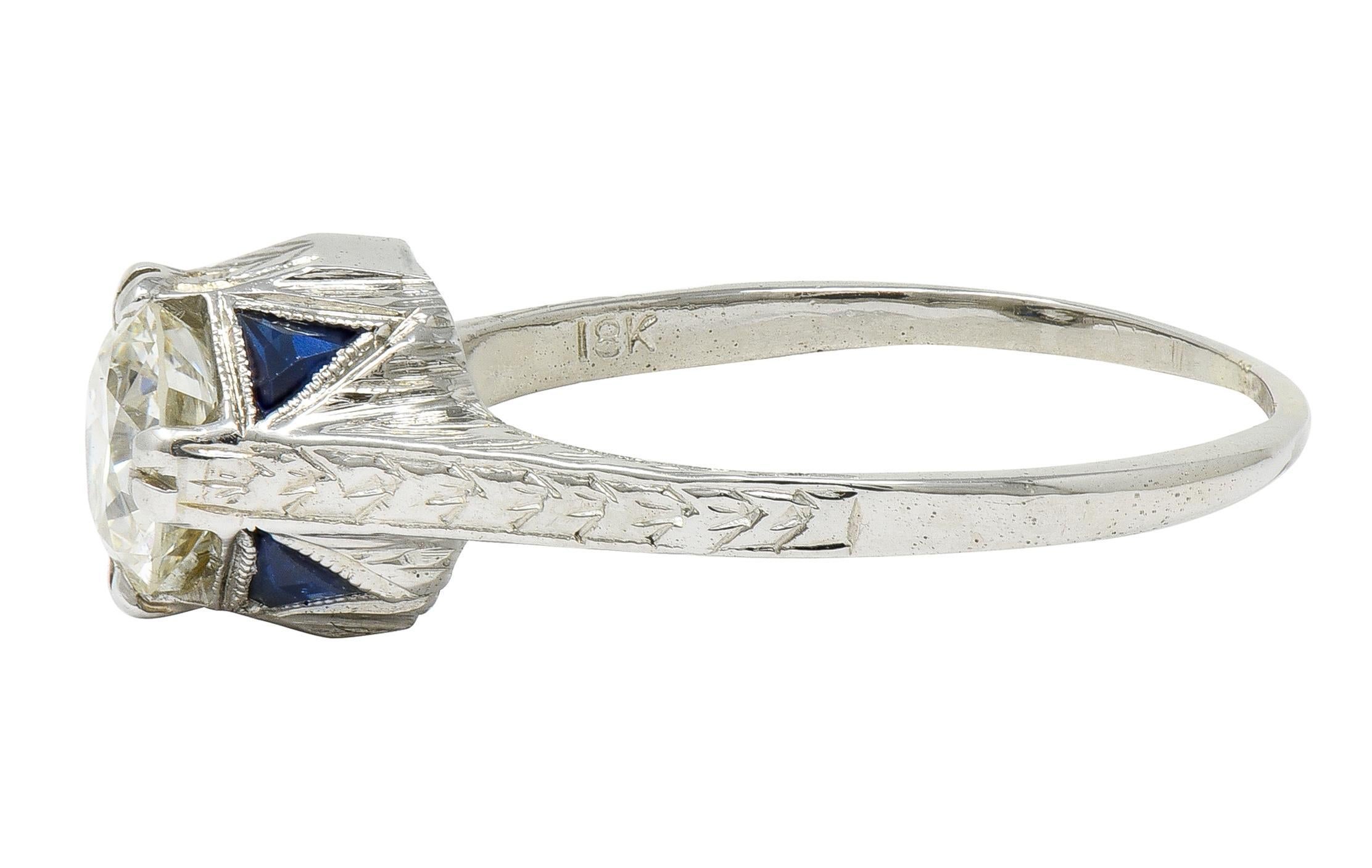 Art Deco 0,75 CTW Diamant Saphir 18 Weißgold Vintage Weizen Verlobungsring im Zustand „Gut“ im Angebot in Philadelphia, PA