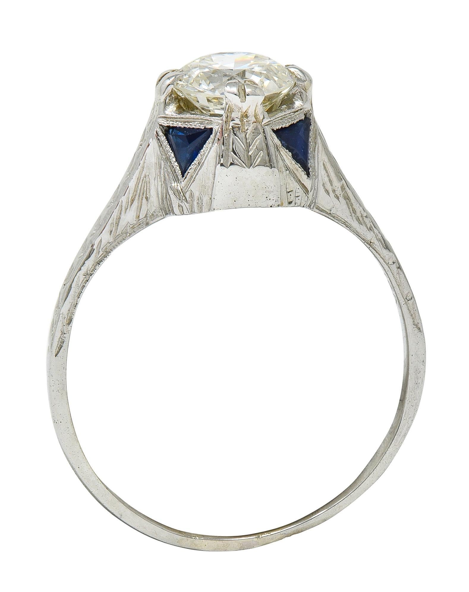 Art Deco 0,75 CTW Diamant Saphir 18 Weißgold Vintage Weizen Verlobungsring im Angebot 1