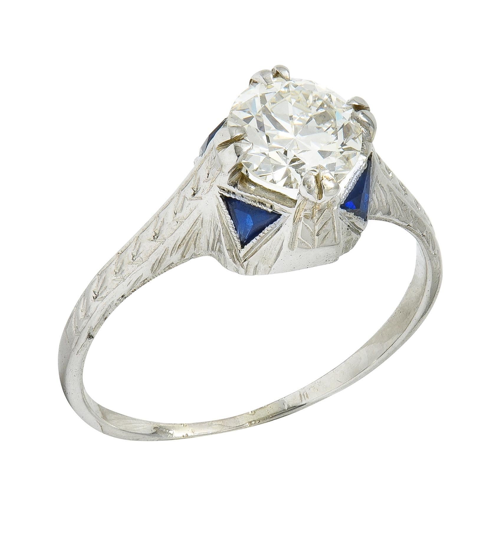 Art Deco 0,75 CTW Diamant Saphir 18 Weißgold Vintage Weizen Verlobungsring im Angebot 2