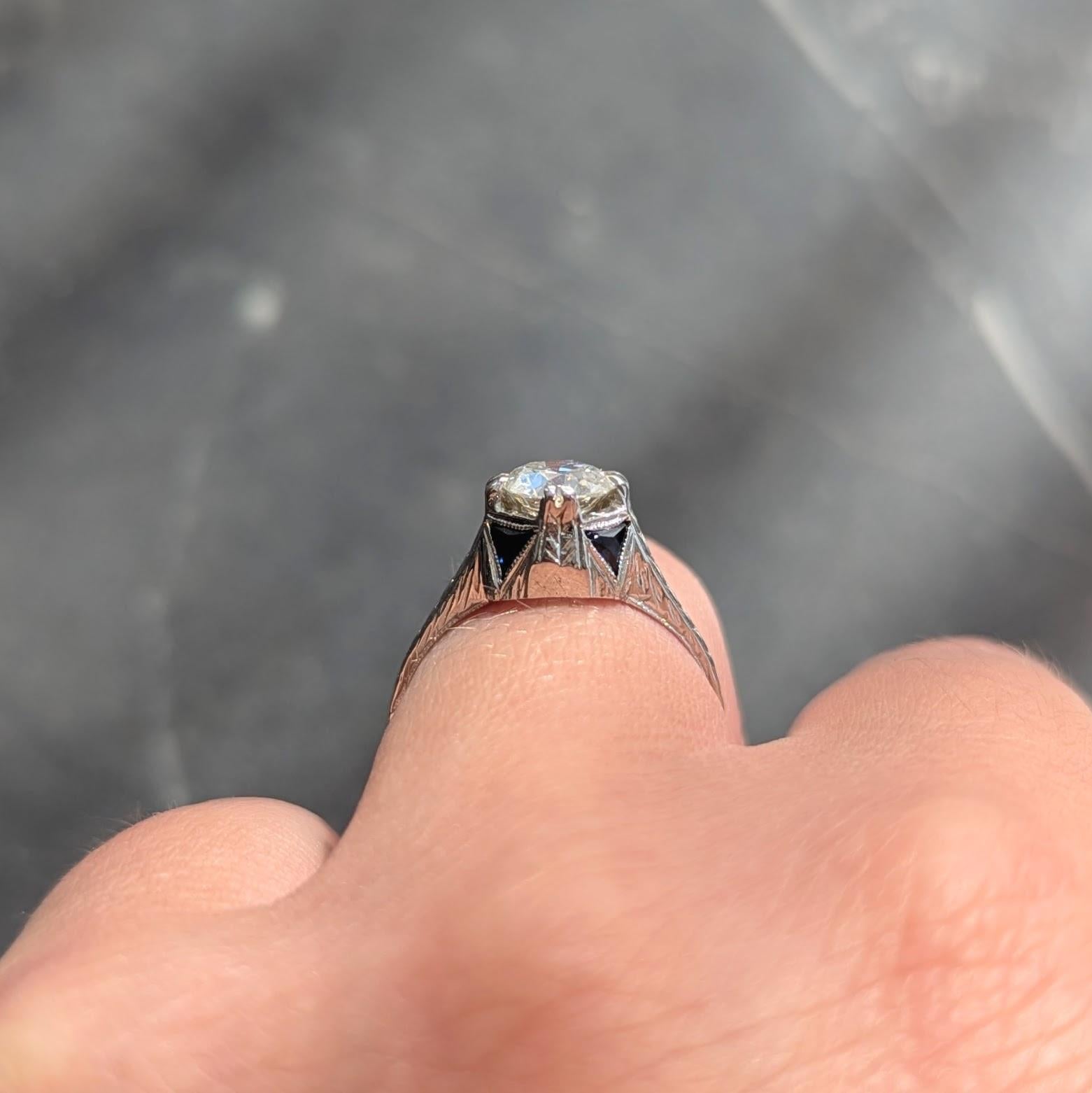 Art Deco 0,75 CTW Diamant Saphir 18 Weißgold Vintage Weizen Verlobungsring im Angebot 3