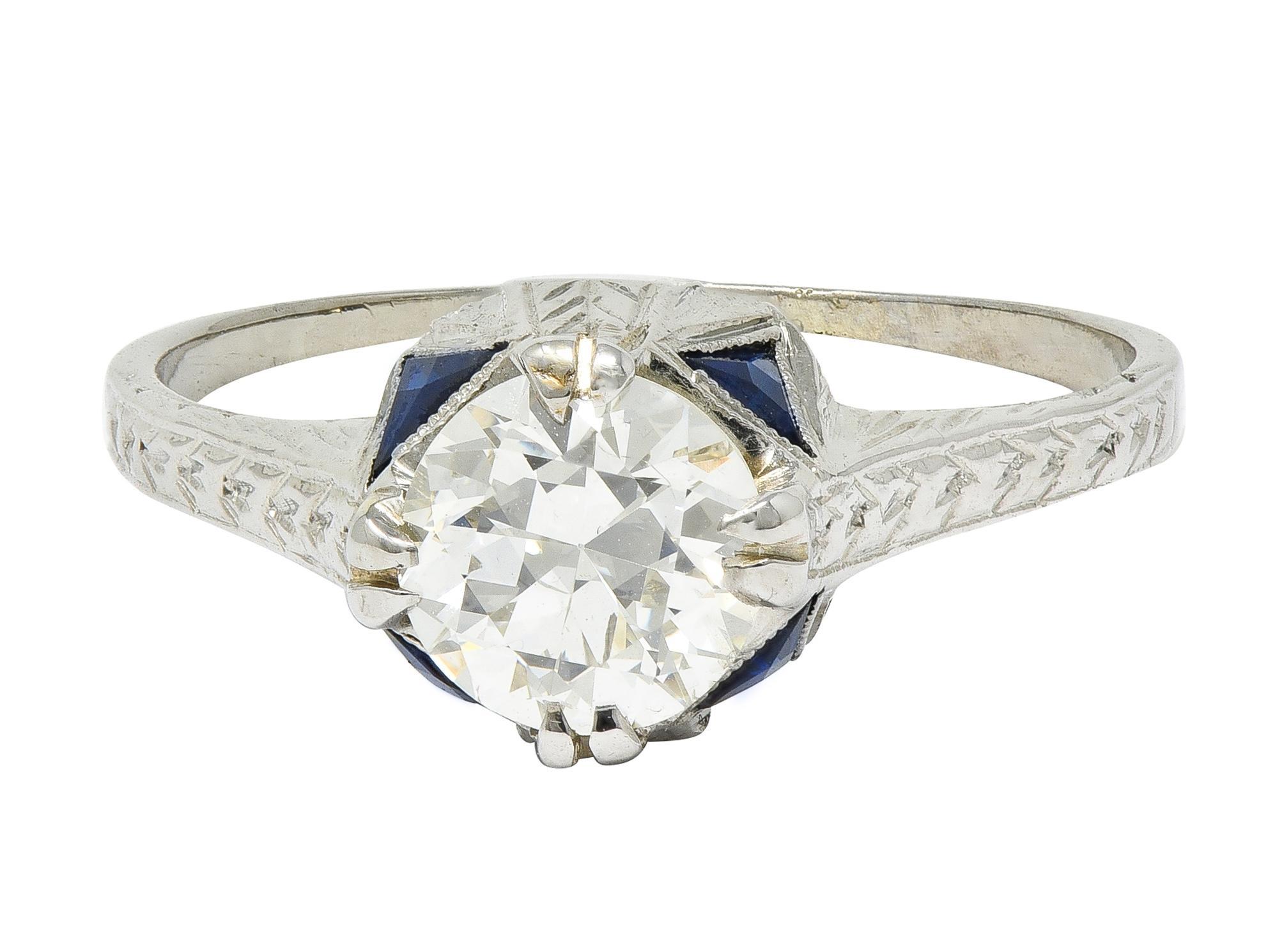 Art Deco 0.75 CTW Diamond Sapphire 18 White Gold Vintage Wheat Engagement Ring