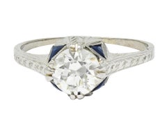 Art Deco 0.75 CTW Diamond Sapphire 18 White Gold Vintage Wheat Engagement Ring