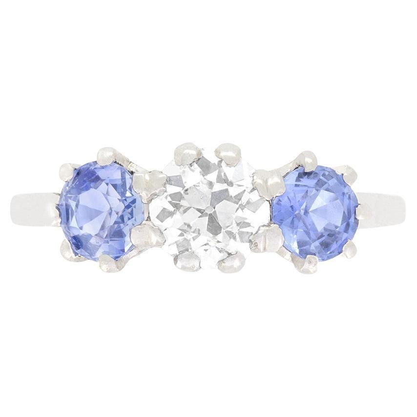 Art Deco 0.75ct Diamond and Sapphire Trilogy Ring, c.1920s For Sale
