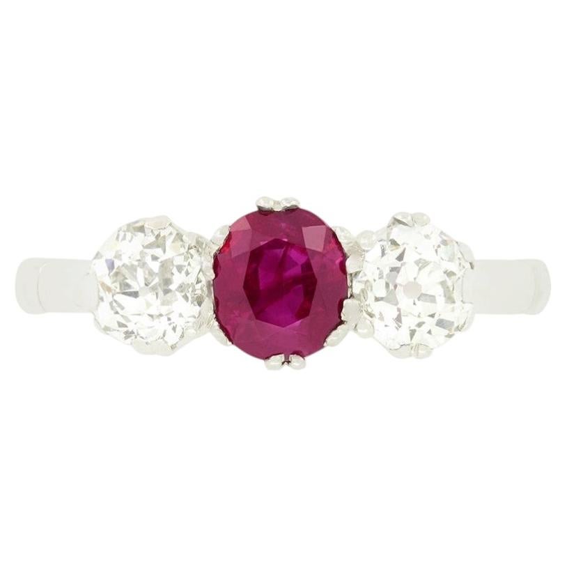 Art Deco 0.75ct Ruby and Diamond Three Stone Ring, c.1920s For Sale