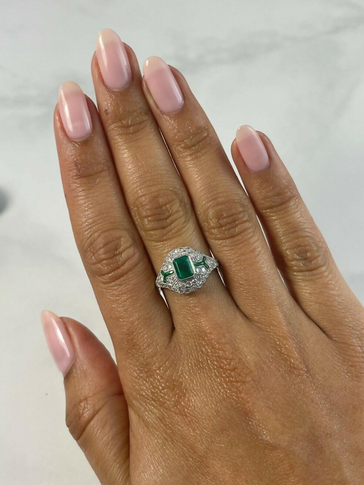 Emerald Cut Art Deco Style 0.76 Ct Center Emerald Diamond 1.32 Tcw Platinum Engagement Ring For Sale