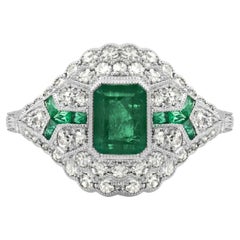 Art Deco Style 0.76 Ct Center Emerald Diamond 1.32 Tcw Platinum Engagement Ring