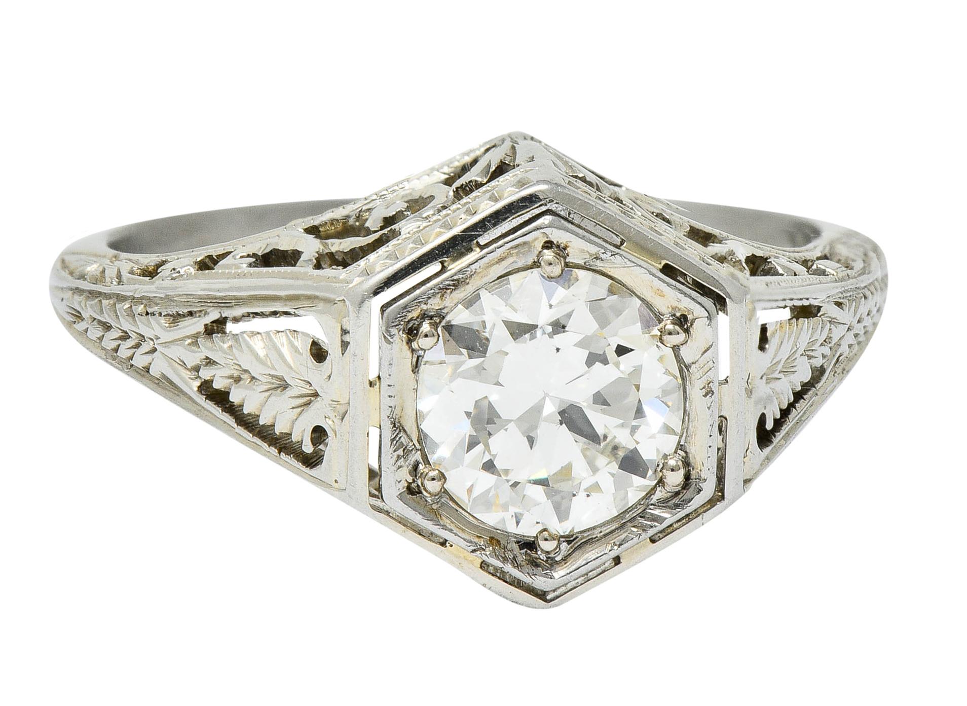 Art Deco 0.77 Carat Diamond 18 Karat Gold Foliate Engagement Ring For Sale 4