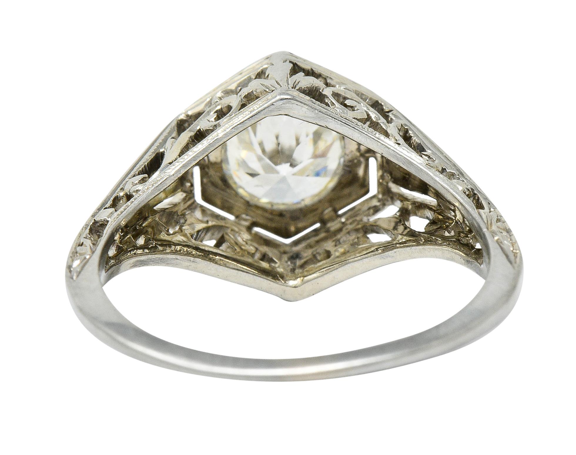 Round Cut Art Deco 0.77 Carat Diamond 18 Karat Gold Foliate Engagement Ring For Sale