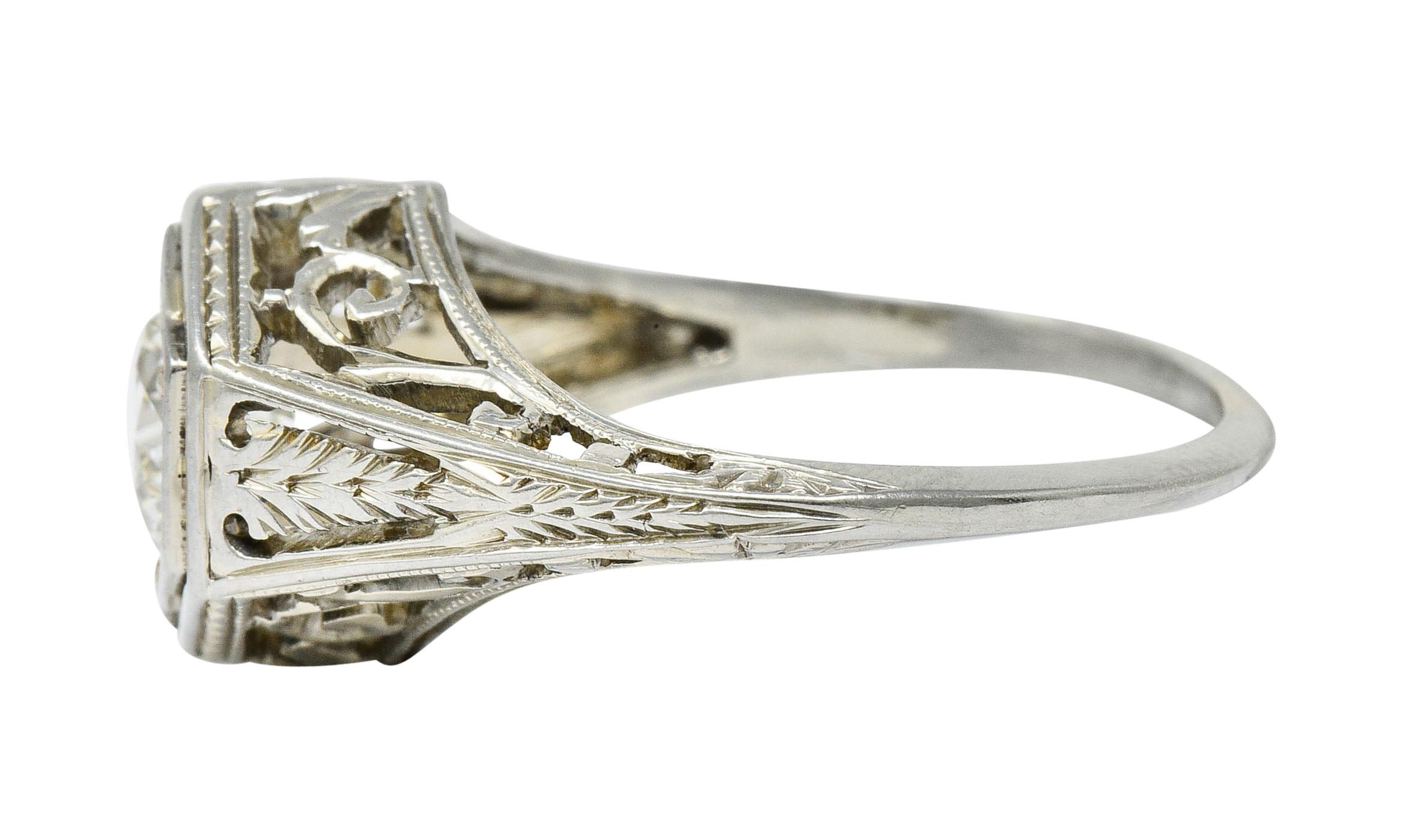 Art Deco 0.77 Carat Diamond 18 Karat Gold Foliate Engagement Ring In Excellent Condition For Sale In Philadelphia, PA