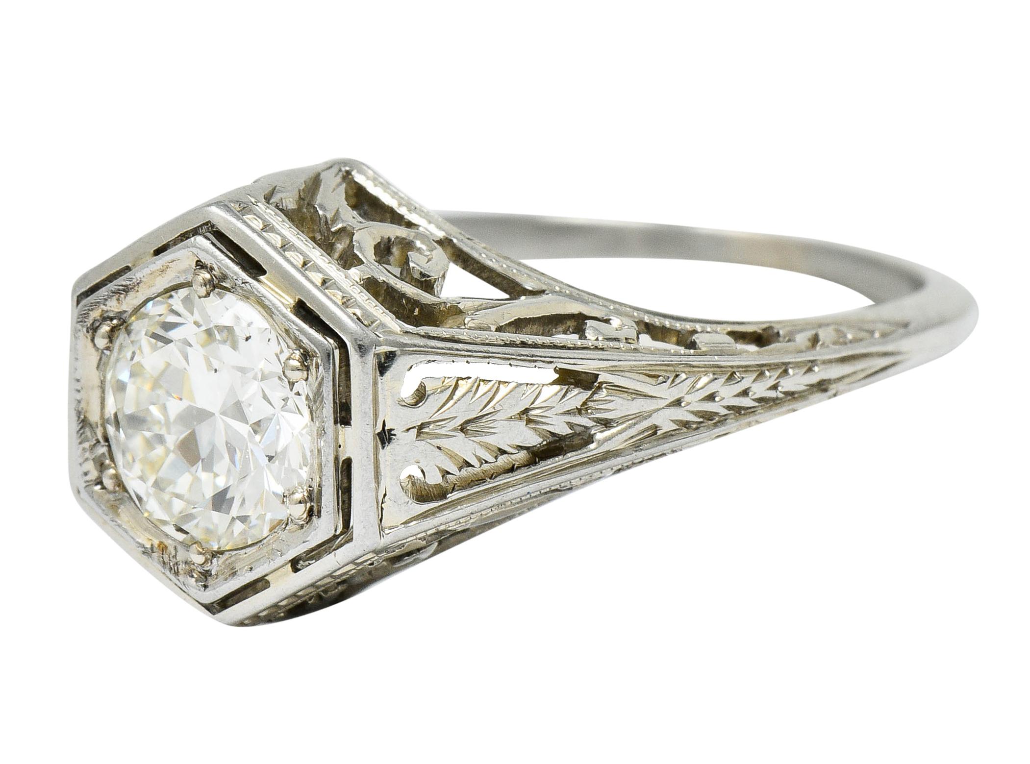 Women's or Men's Art Deco 0.77 Carat Diamond 18 Karat Gold Foliate Engagement Ring For Sale