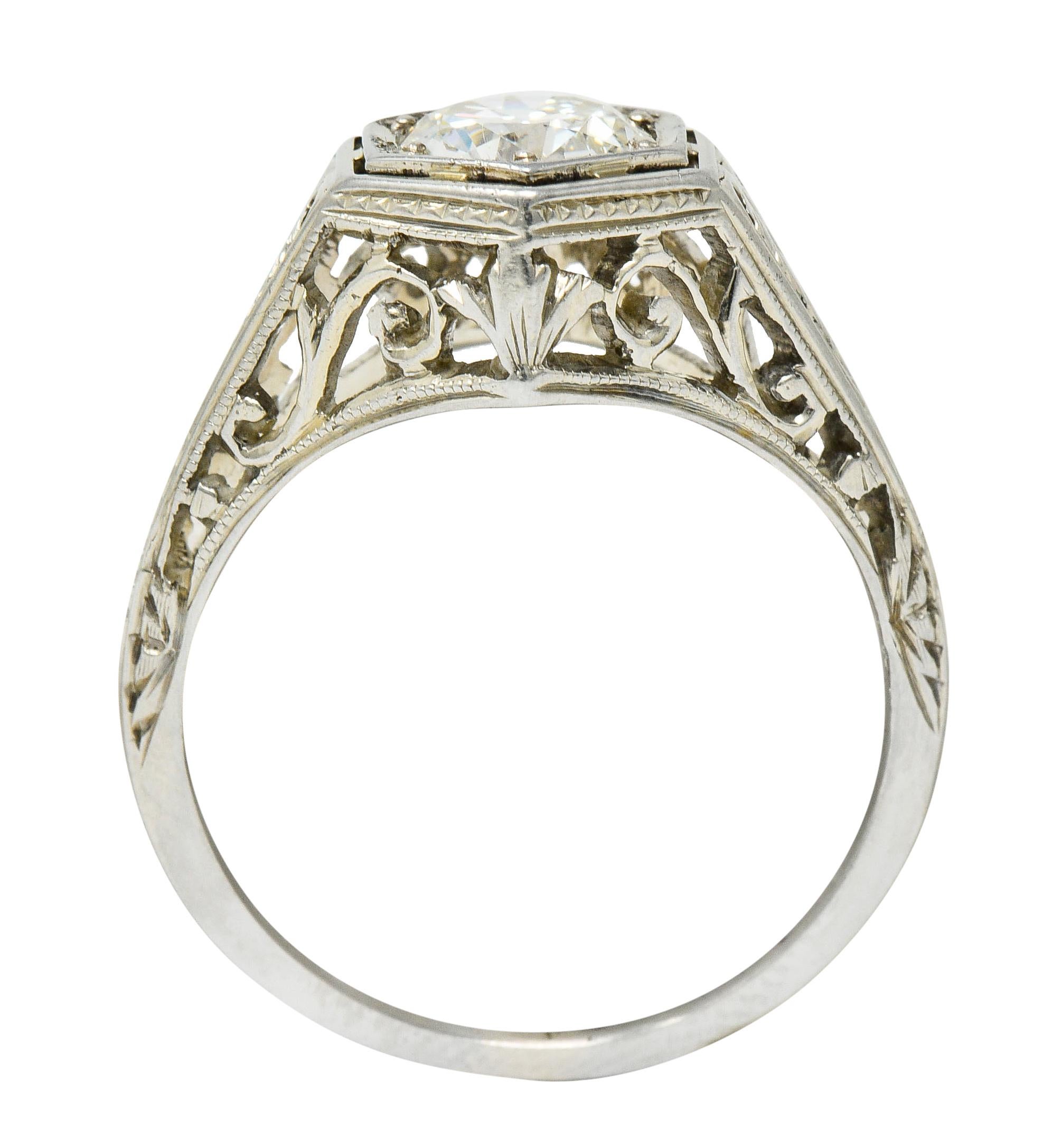 Art Deco 0.77 Carat Diamond 18 Karat Gold Foliate Engagement Ring For Sale 1