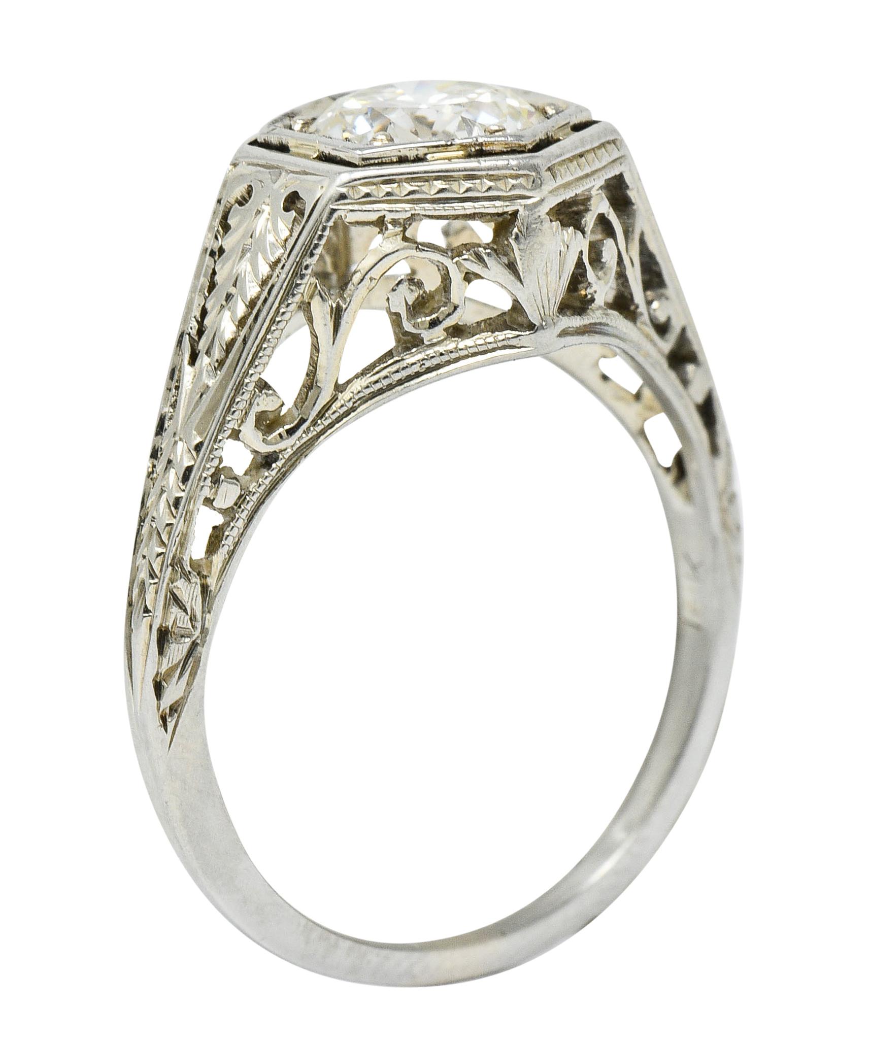 Art Deco 0.77 Carat Diamond 18 Karat Gold Foliate Engagement Ring For Sale 2