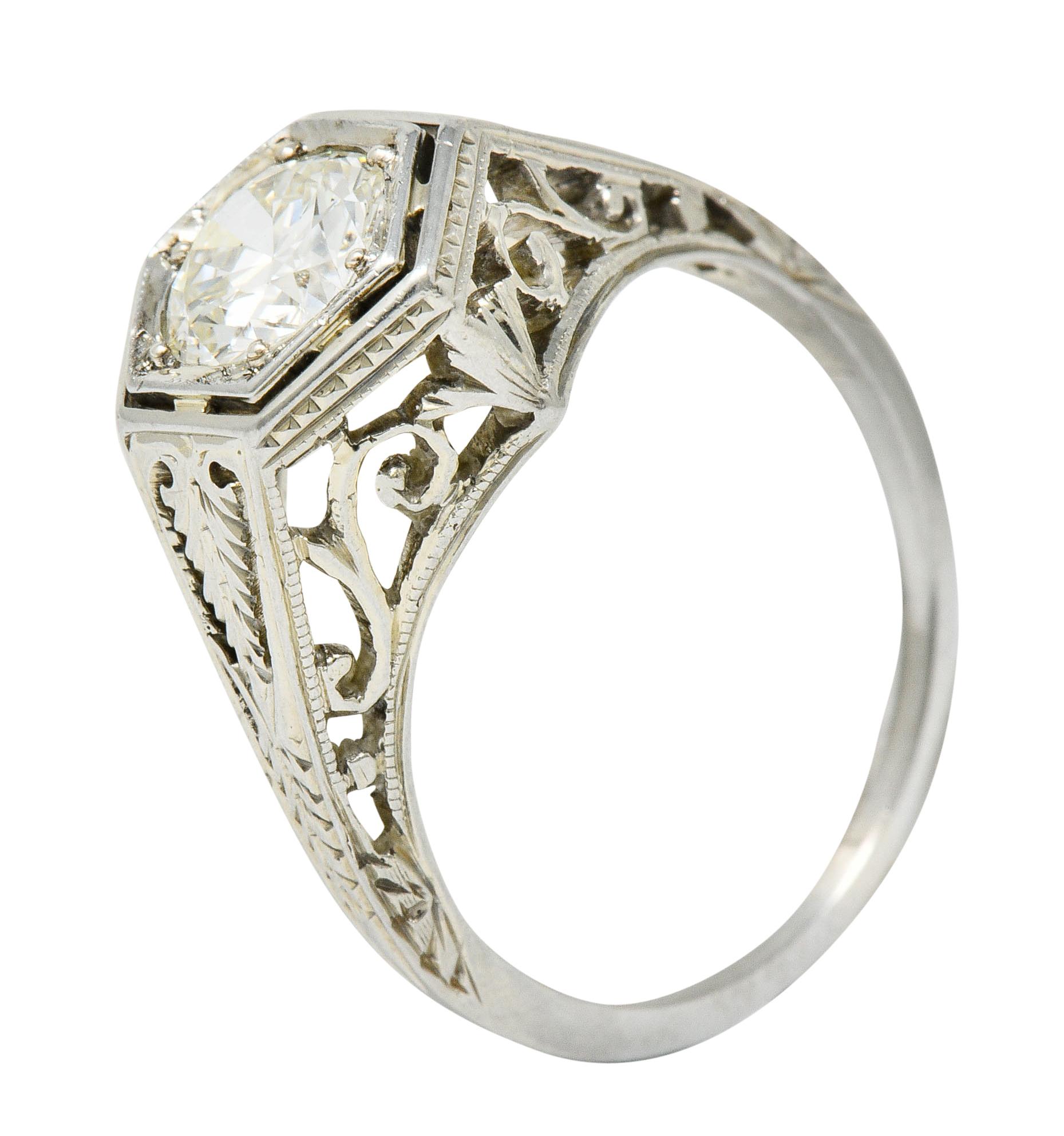 Art Deco 0.77 Carat Diamond 18 Karat Gold Foliate Engagement Ring For Sale 3