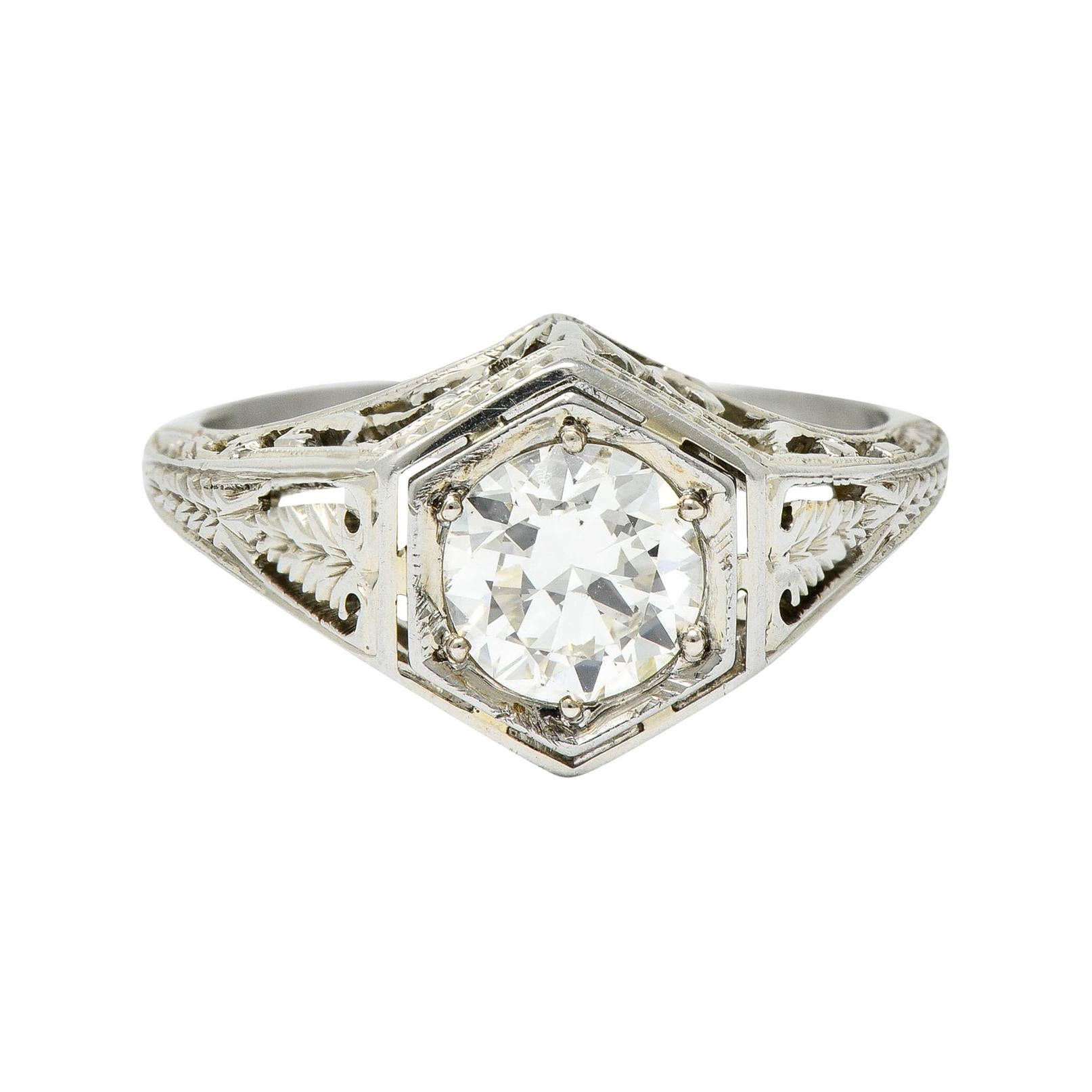 Art Deco 0.77 Carat Diamond 18 Karat Gold Foliate Engagement Ring For Sale