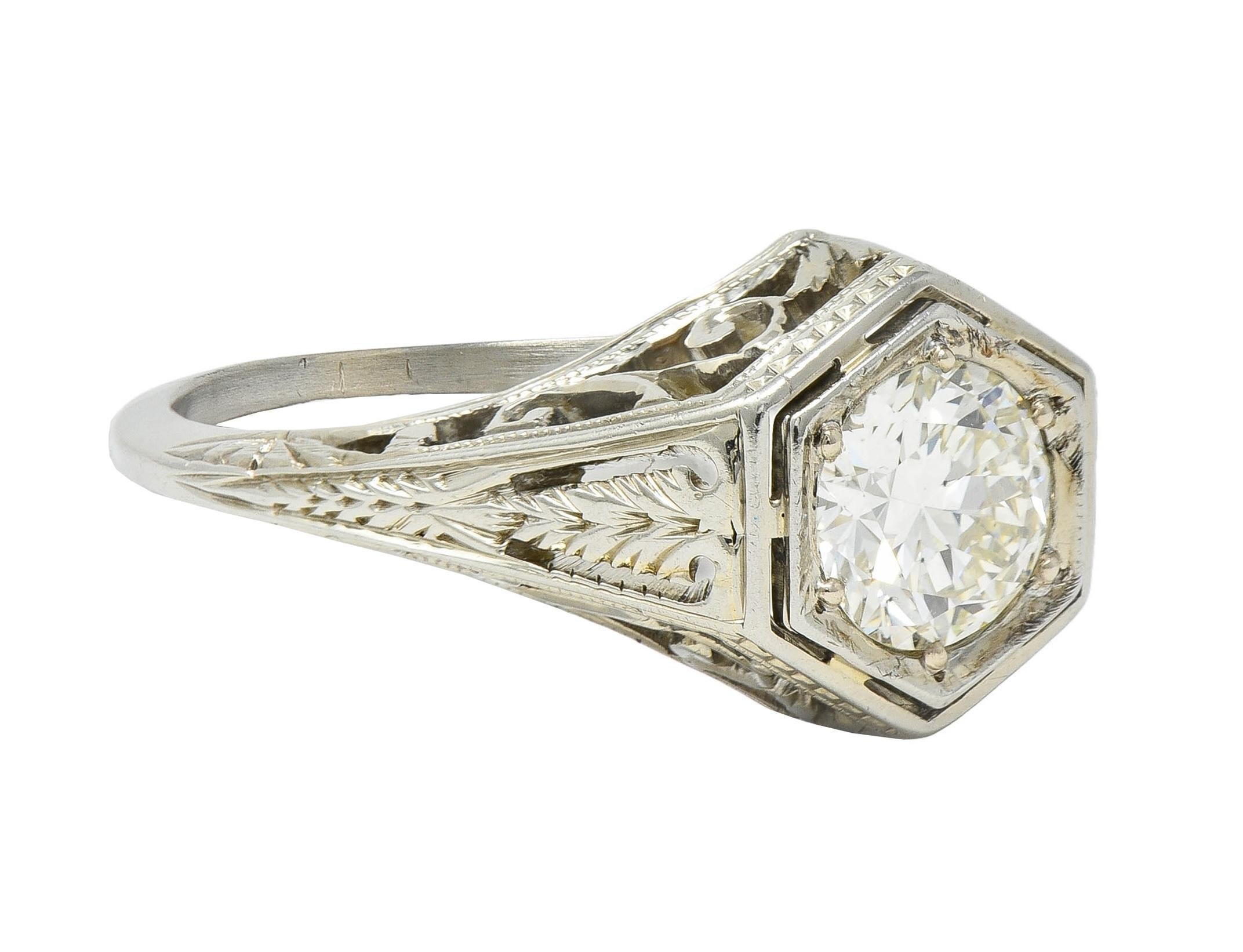 Round Cut Art Deco 0.77 CTW Diamond 18 Karat Gold Vintage Foliate Engagement Ring