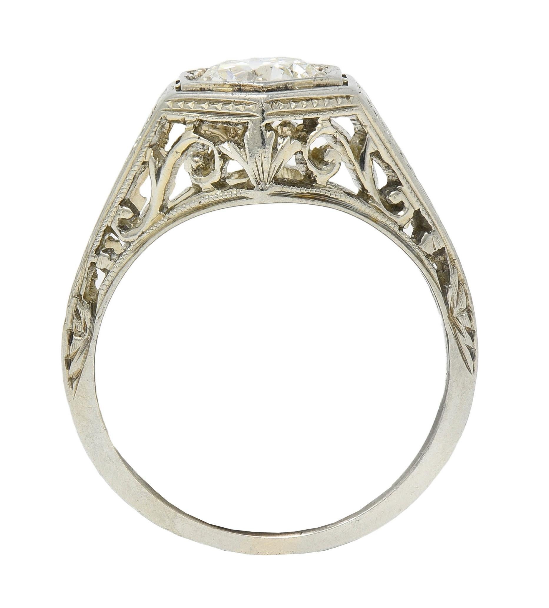 Art Deco 0.77 CTW Diamond 18 Karat Gold Vintage Foliate Engagement Ring In Excellent Condition In Philadelphia, PA