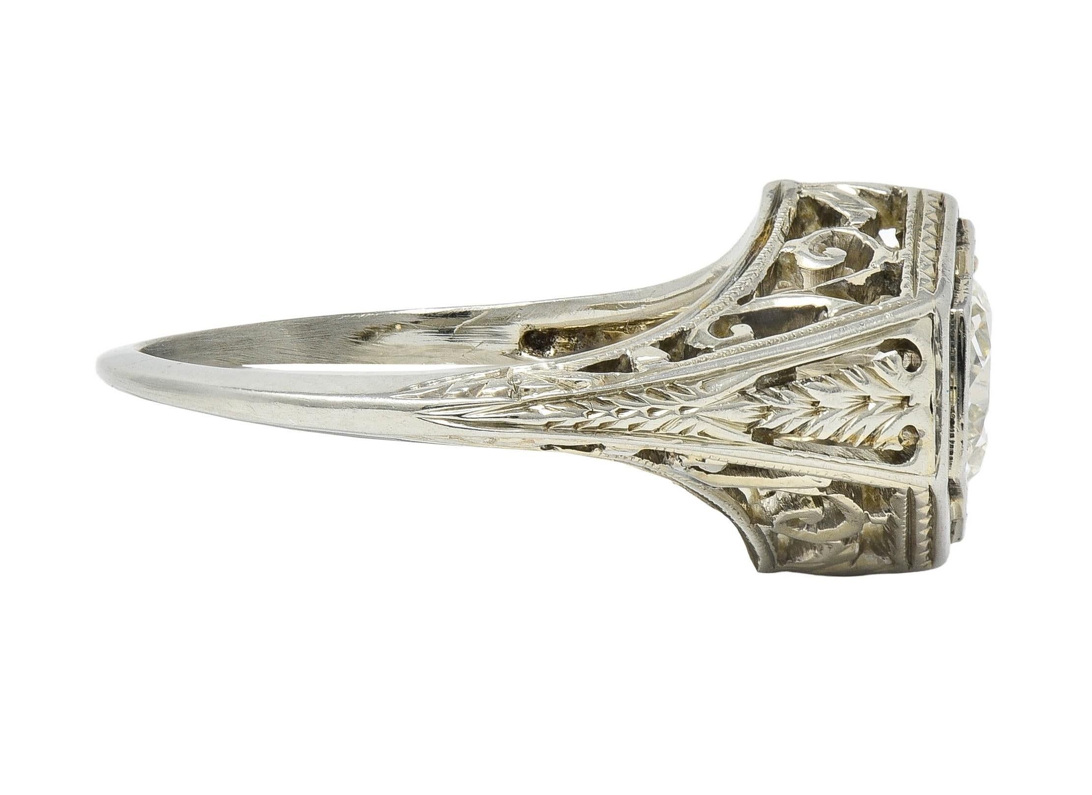 Women's or Men's Art Deco 0.77 CTW Diamond 18 Karat Gold Vintage Foliate Engagement Ring