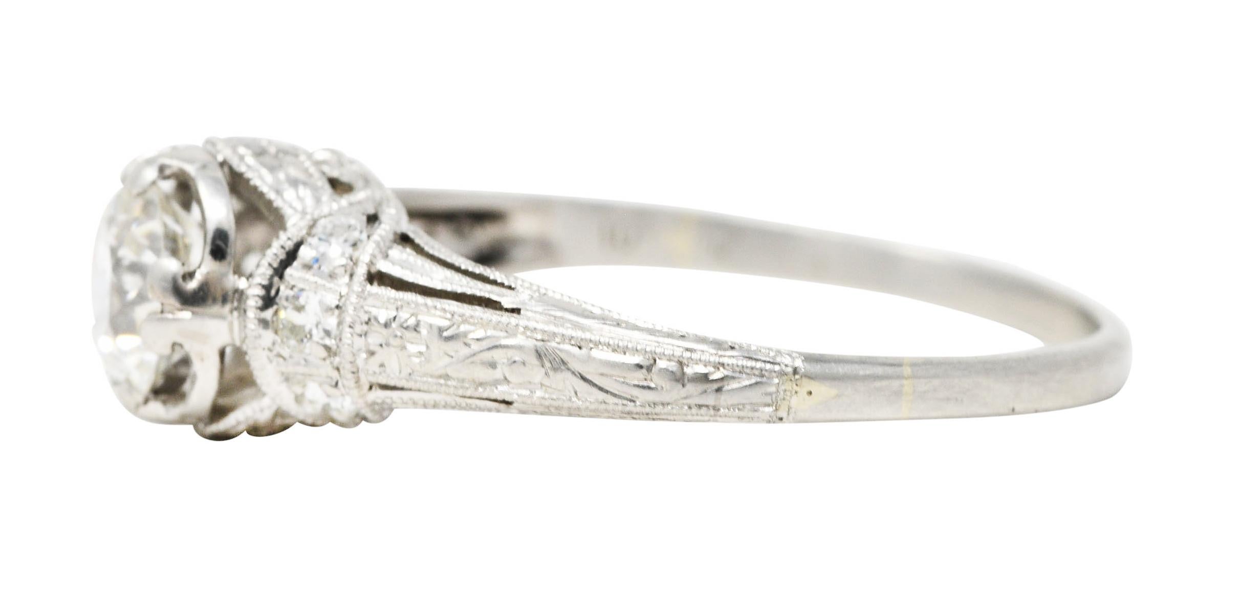 Women's or Men's Art Deco 0.78 Carat Old European Platinum Orange Blossom Festoon Engagement Ring